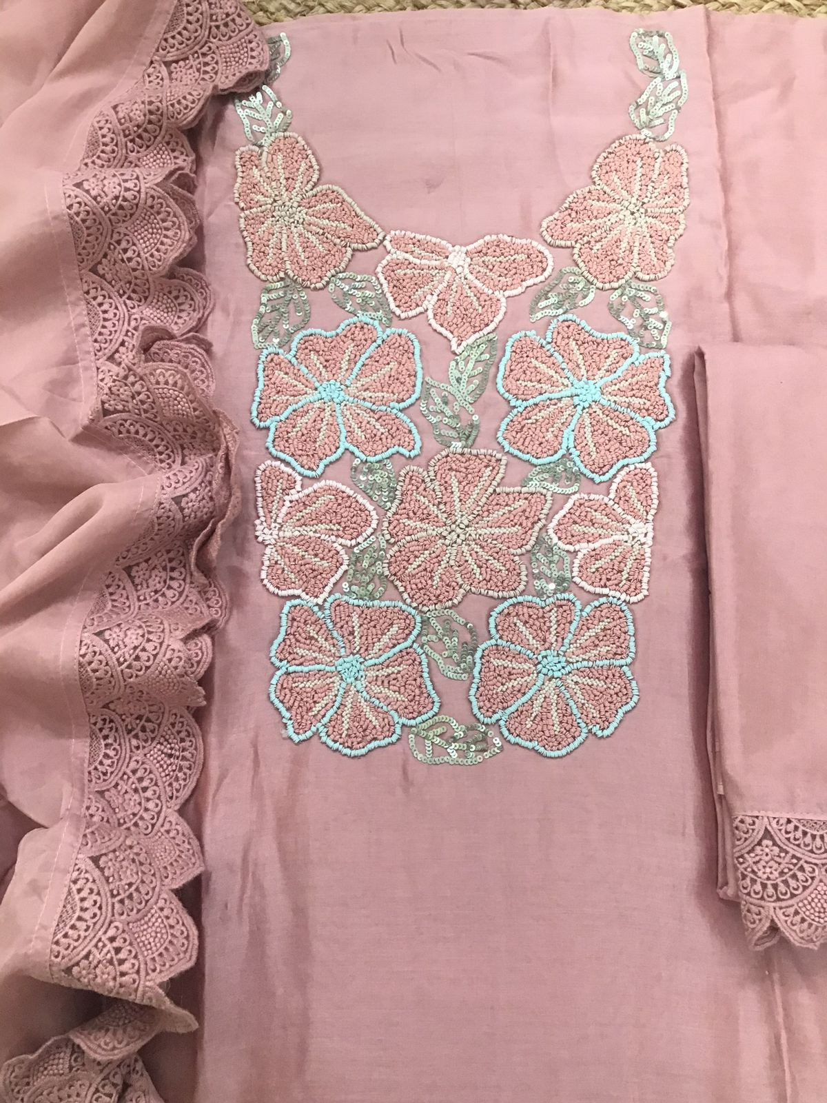 Pure Fine Chanderi Embroidered Suit - Onion Pink