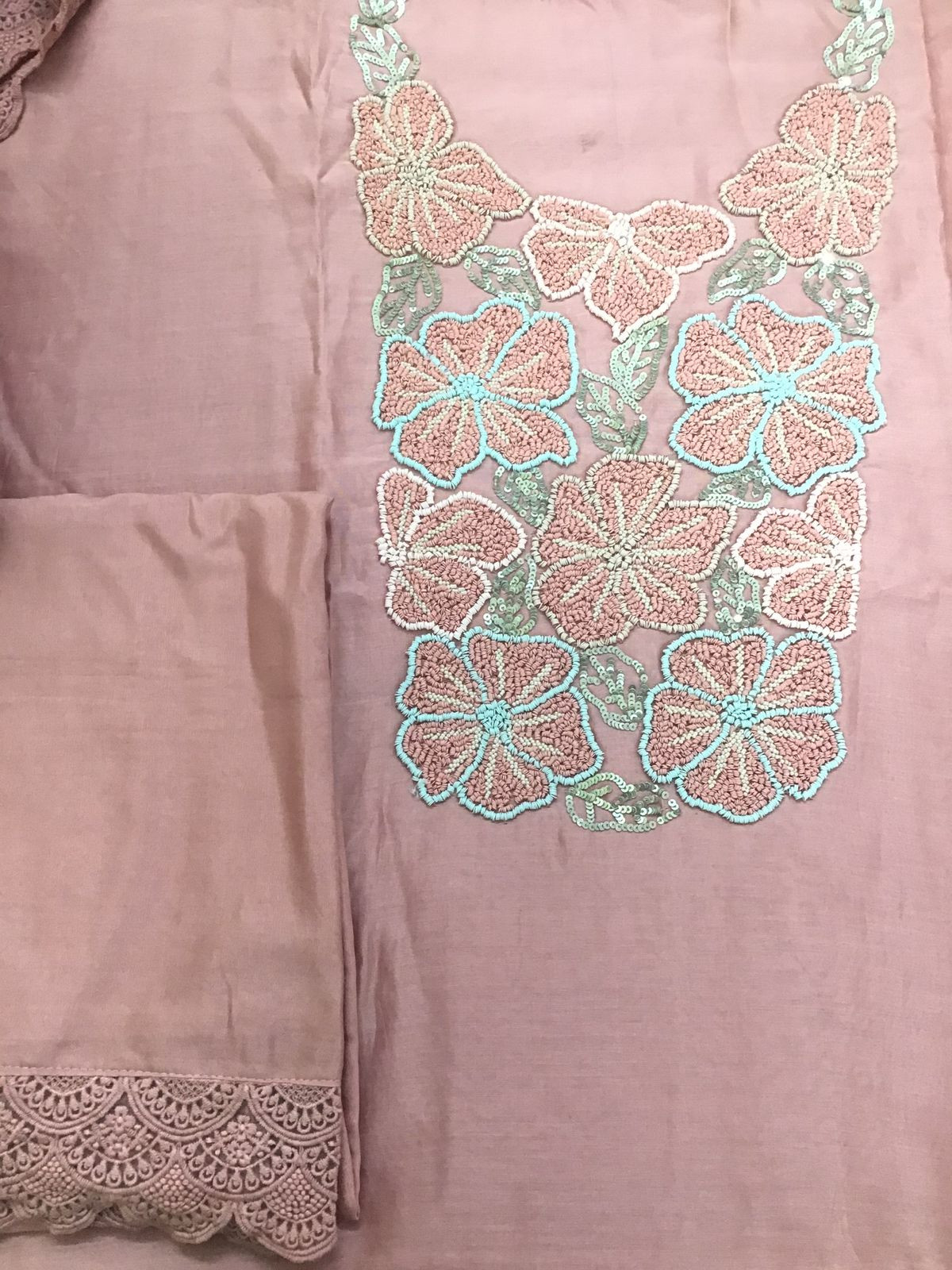 Pure Fine Chanderi Embroidered Suit - Onion Pink