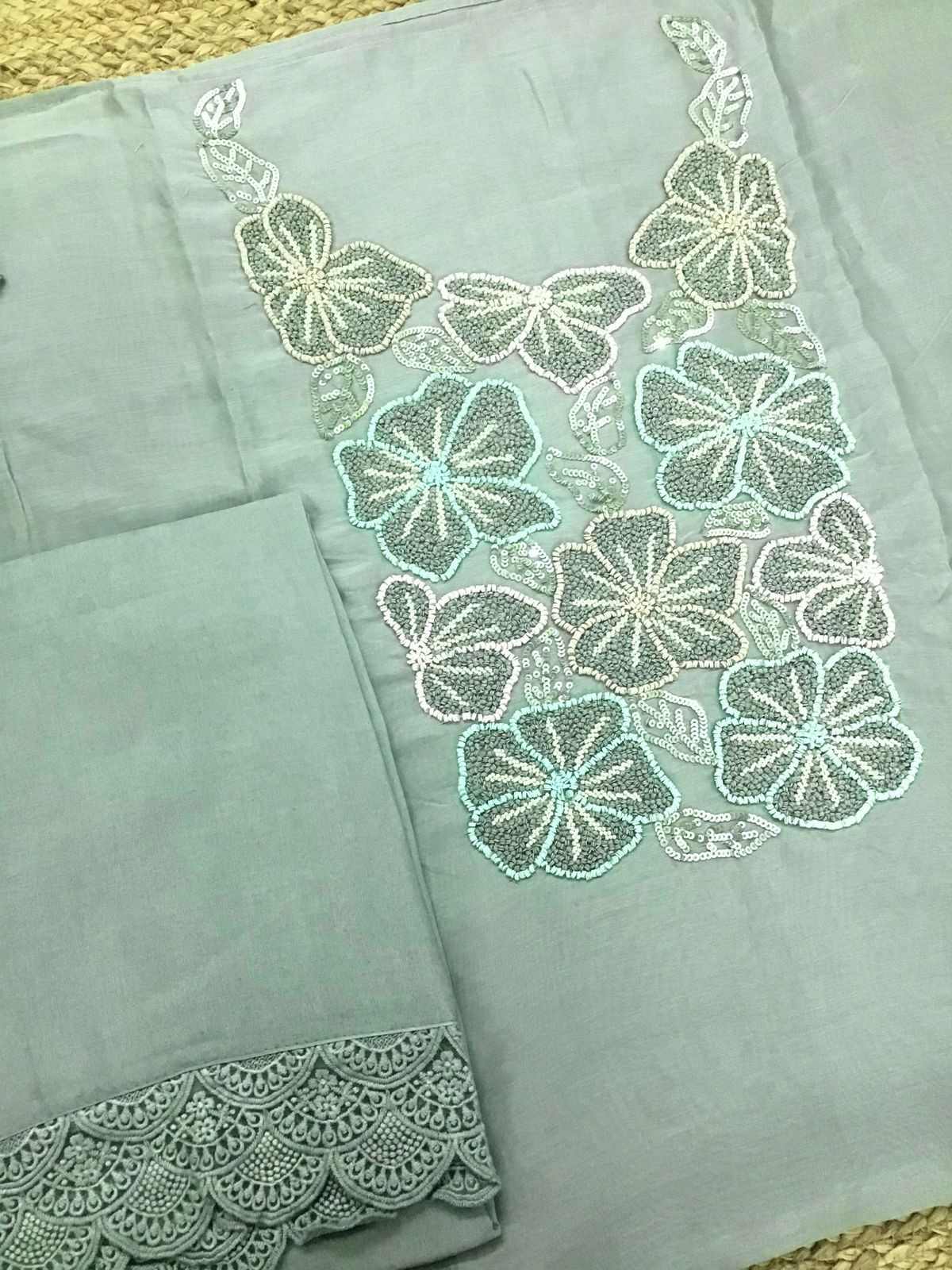 Pure Fine Chanderi Embroidered Suit - Green