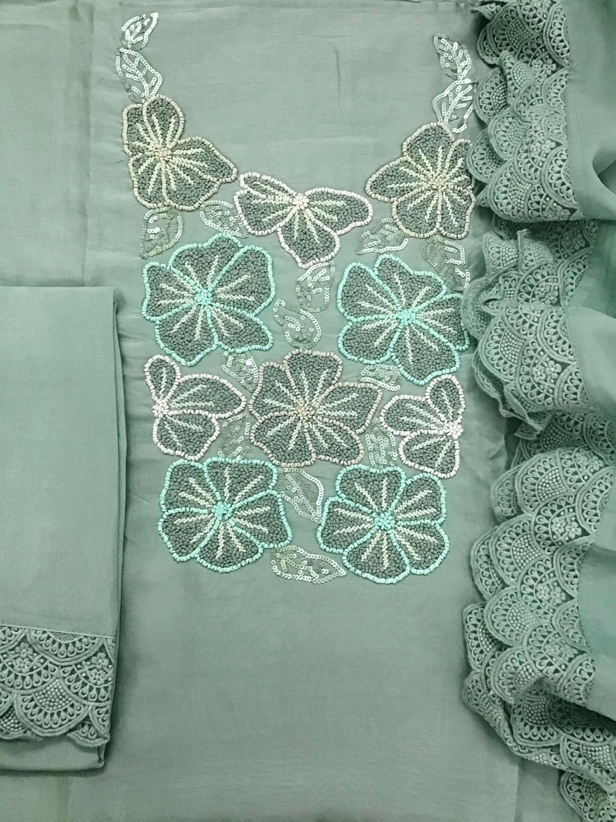 Pure Fine Chanderi Embroidered Suit - Green