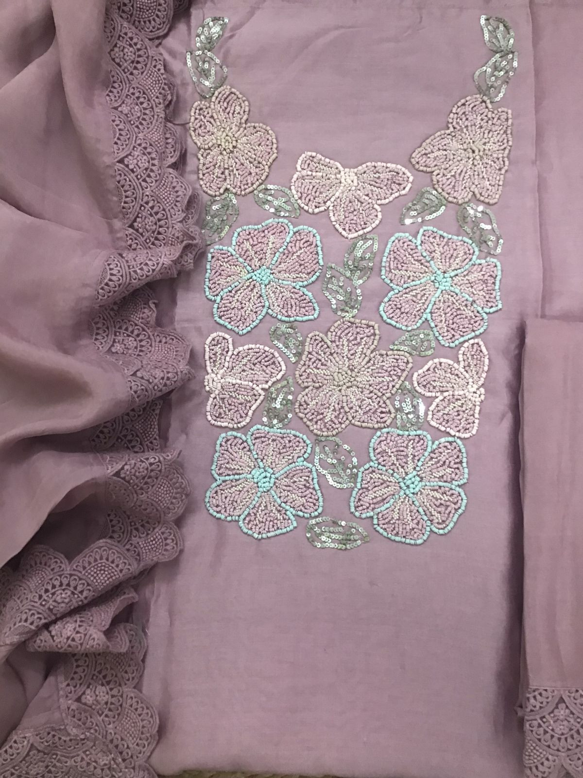 Pure Fine Chanderi Embroidered Suit - Mauve