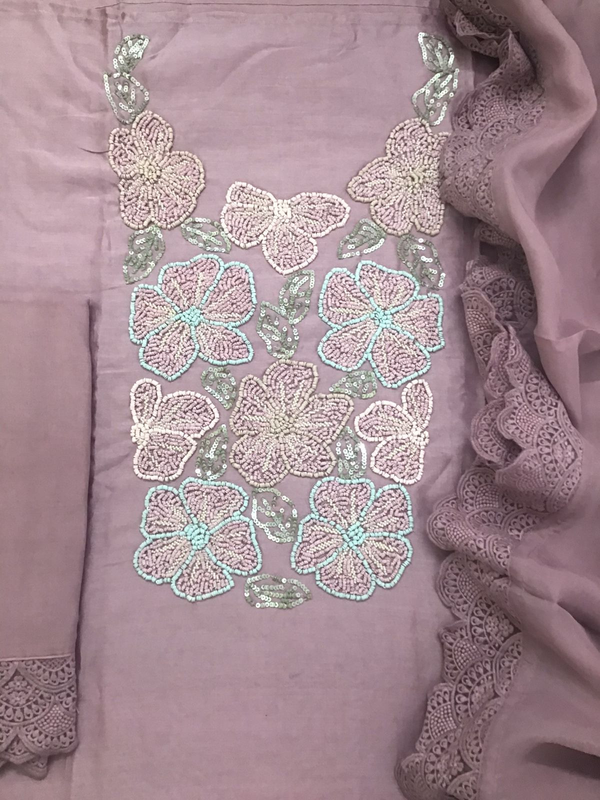 Pure Fine Chanderi Embroidered Suit - Mauve