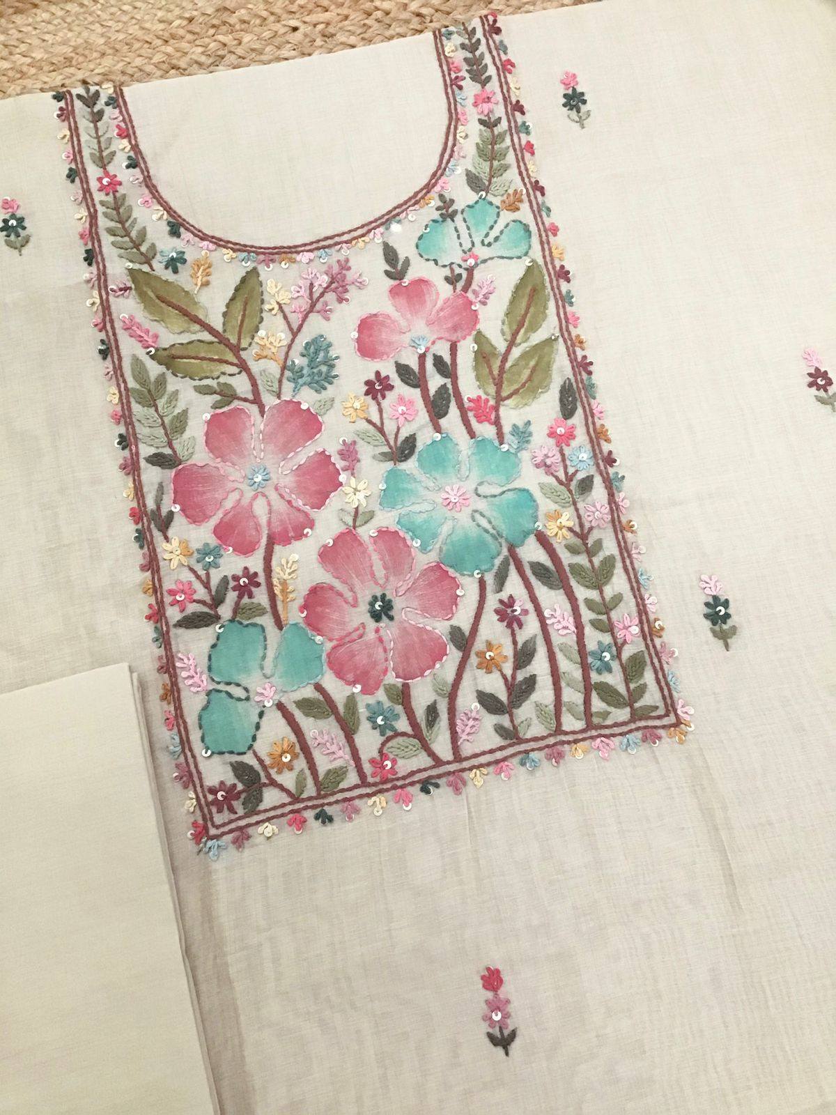 Soft Slub Chanderi Brush Painted Jamdani Weaved Embroidered Suit - Beige