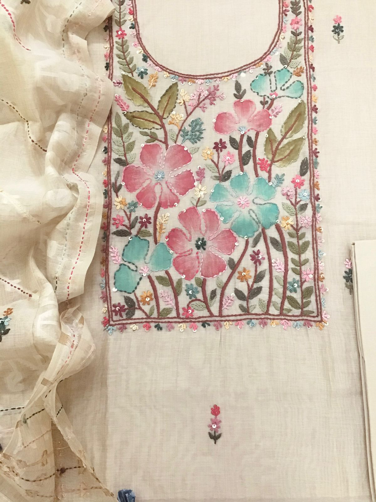 Soft Slub Chanderi Brush Painted Jamdani Weaved Embroidered Suit - Beige