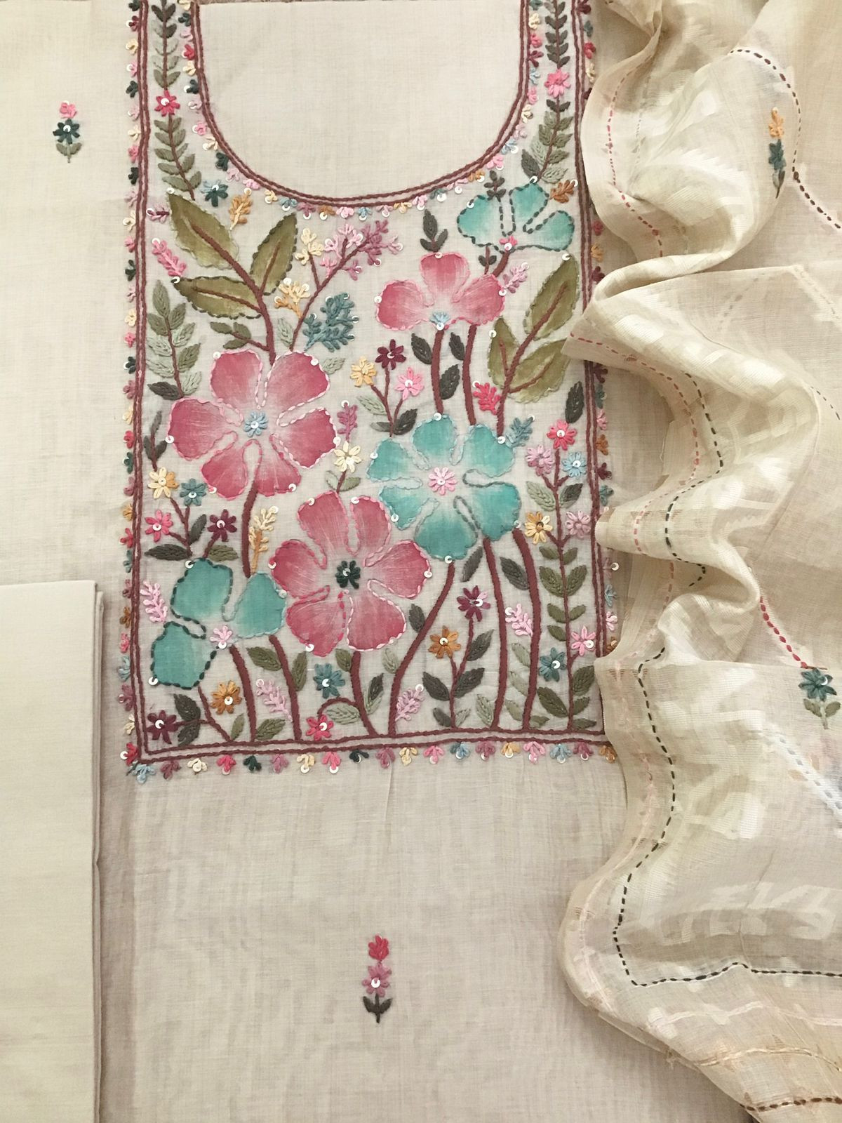 Soft Slub Chanderi Brush Painted Jamdani Weaved Embroidered Suit - Beige