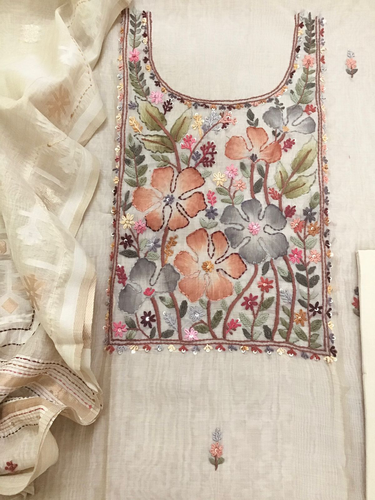 Soft Slub Chanderi Brush Painted Jamdani Weaved Embroidered Suit - Beige