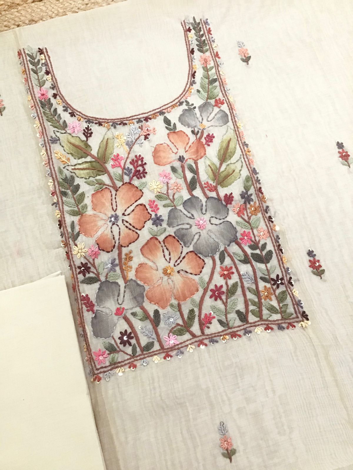 Soft Slub Chanderi Brush Painted Jamdani Weaved Embroidered Suit - Beige