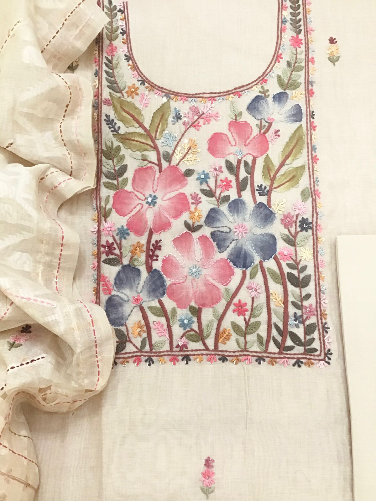 Soft Slub Chanderi Brush Painted Jamdani Weaved Embroidered Suit - Beige