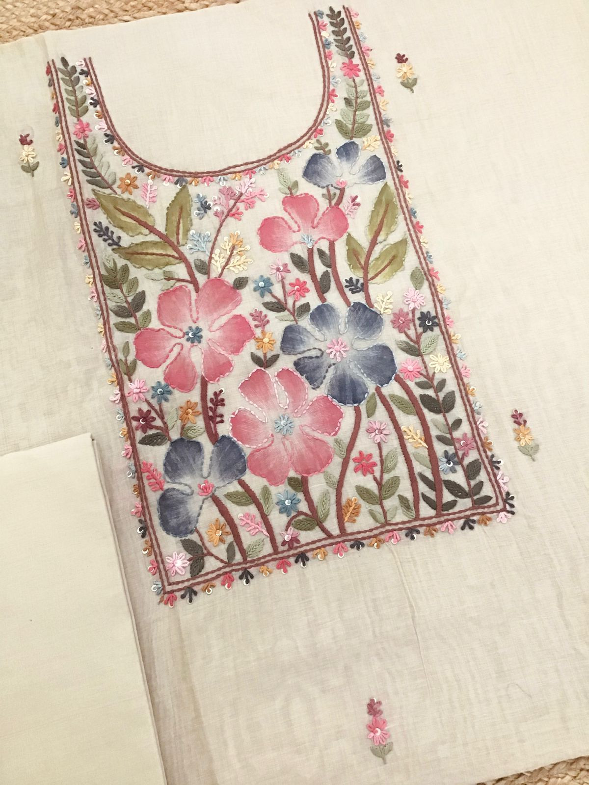 Soft Slub Chanderi Brush Painted Jamdani Weaved Embroidered Suit - Beige