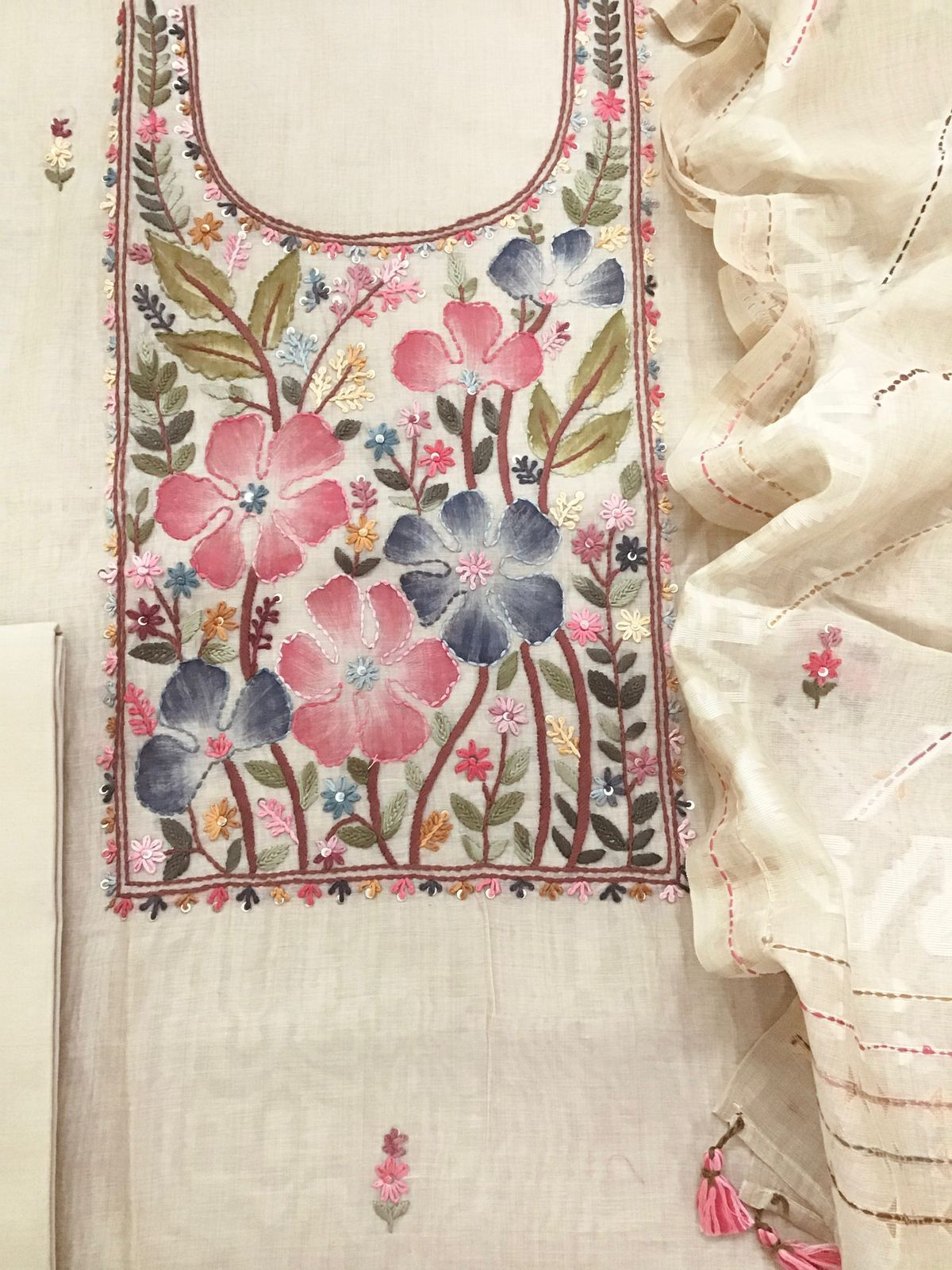 Soft Slub Chanderi Brush Painted Jamdani Weaved Embroidered Suit - Beige