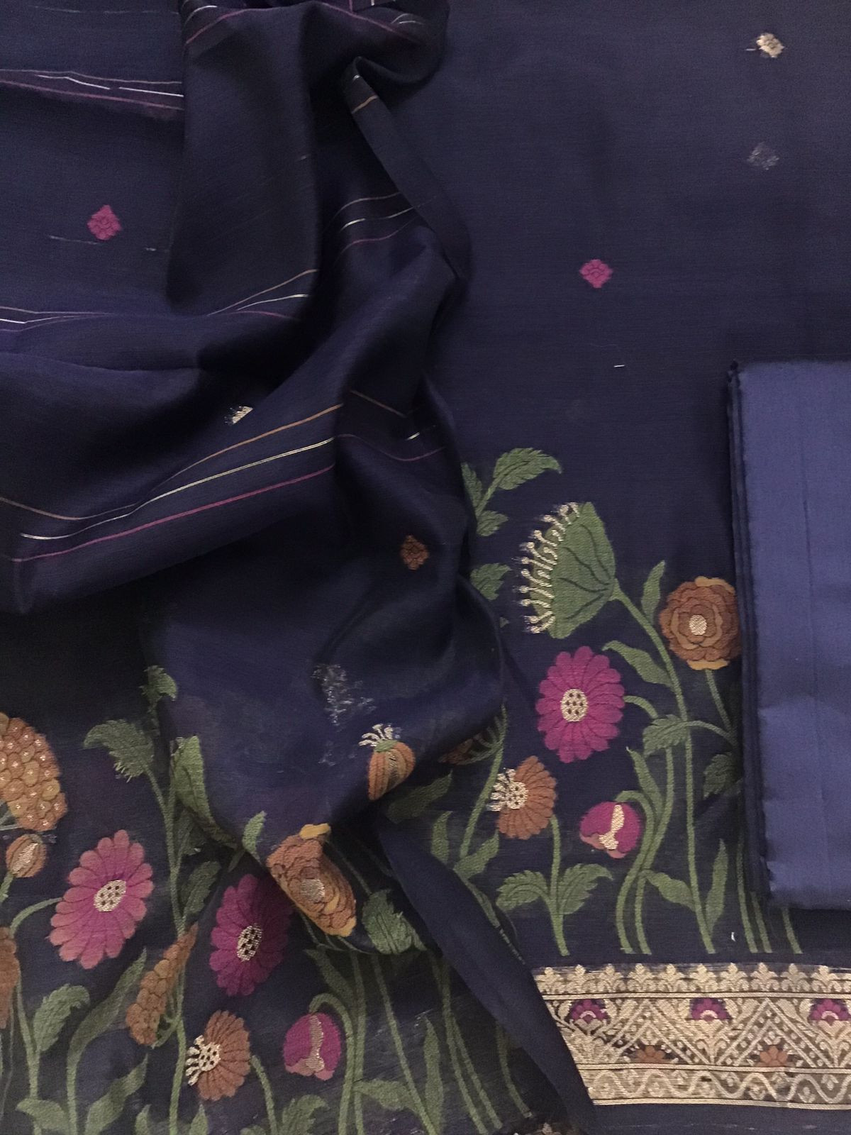 Soft Slub Chanderi Jamdani Weaved Suit - Blue