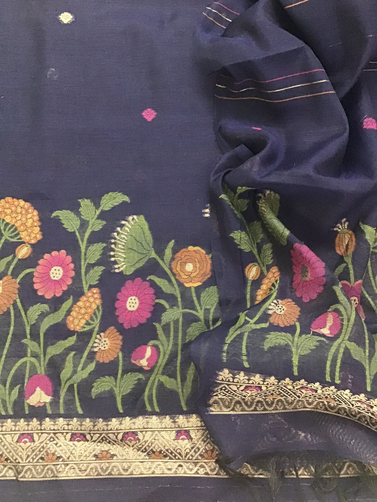 Soft Slub Chanderi Jamdani Weaved Suit - Blue