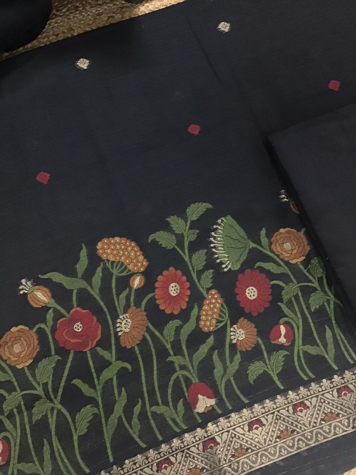 Soft Slub Chanderi Jamdani Weaved Suit - Black