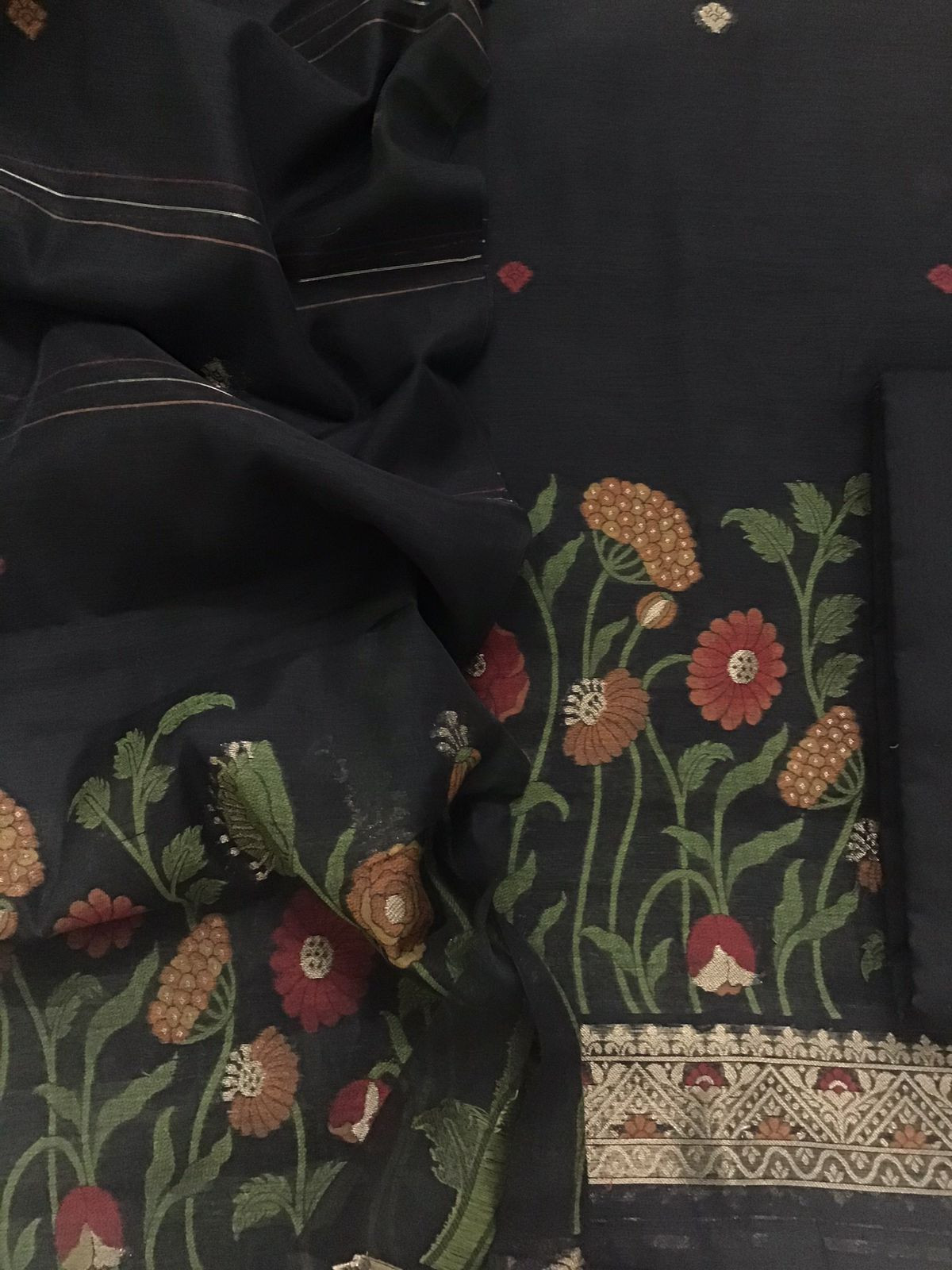 Soft Slub Chanderi Jamdani Weaved Suit - Black