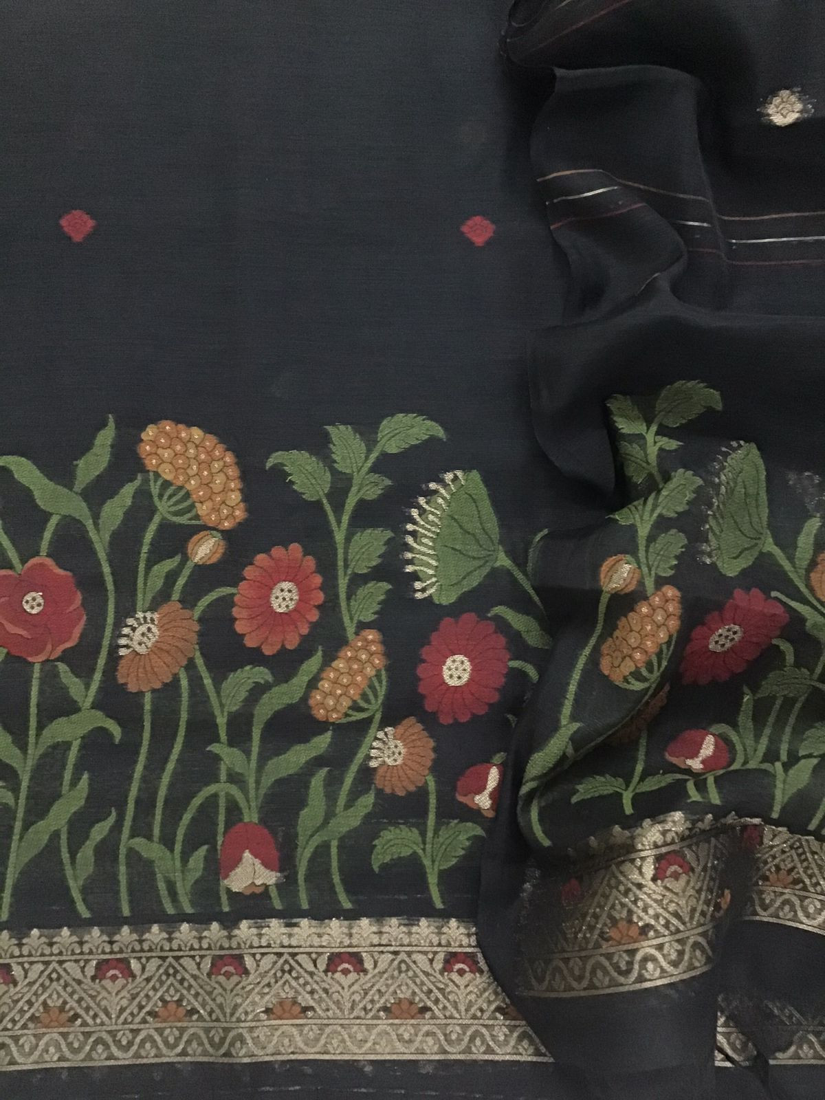 Soft Slub Chanderi Jamdani Weaved Suit - Black