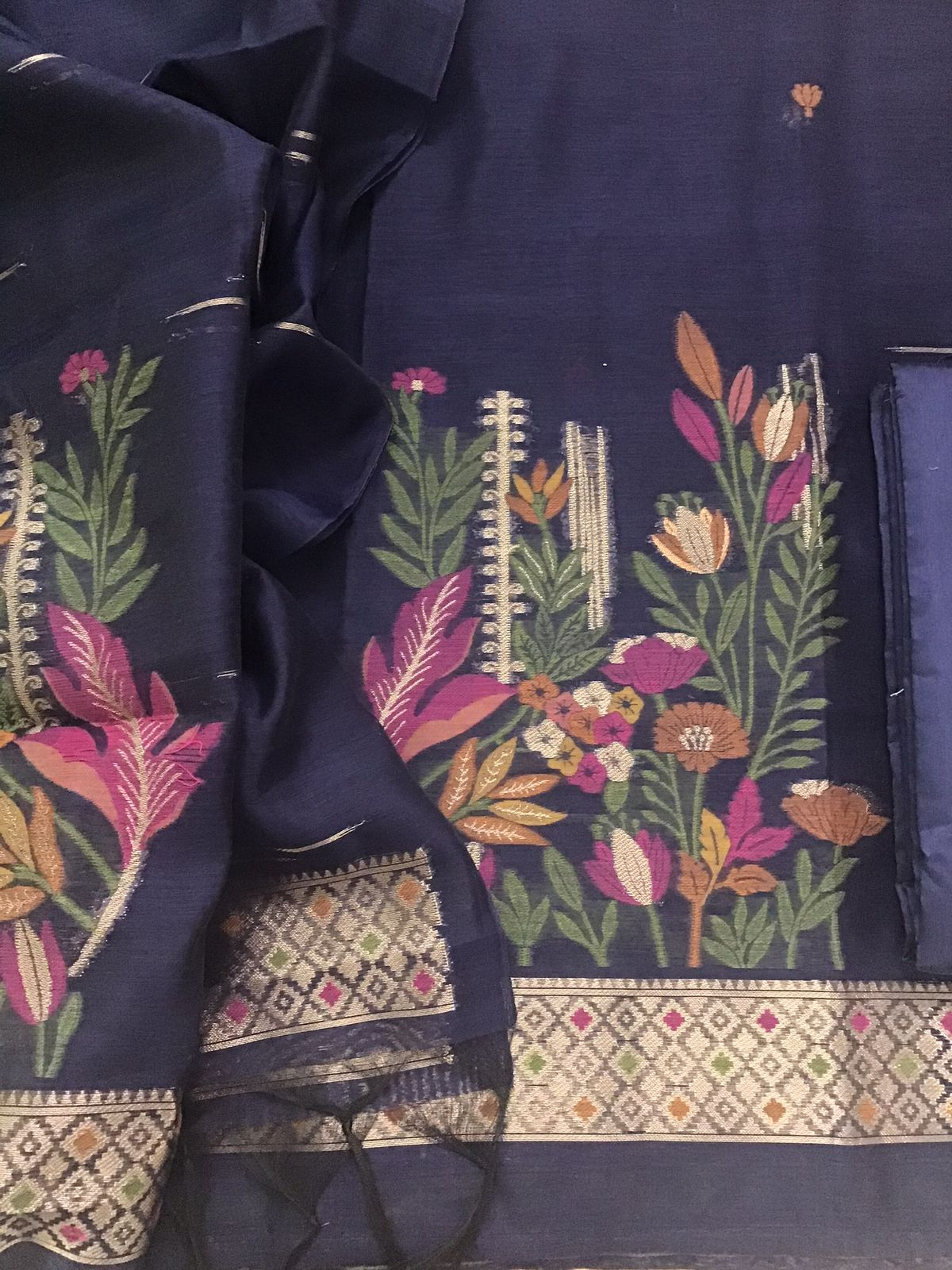 Soft Slub Chanderi Jamdani Weaved Suit - Blue