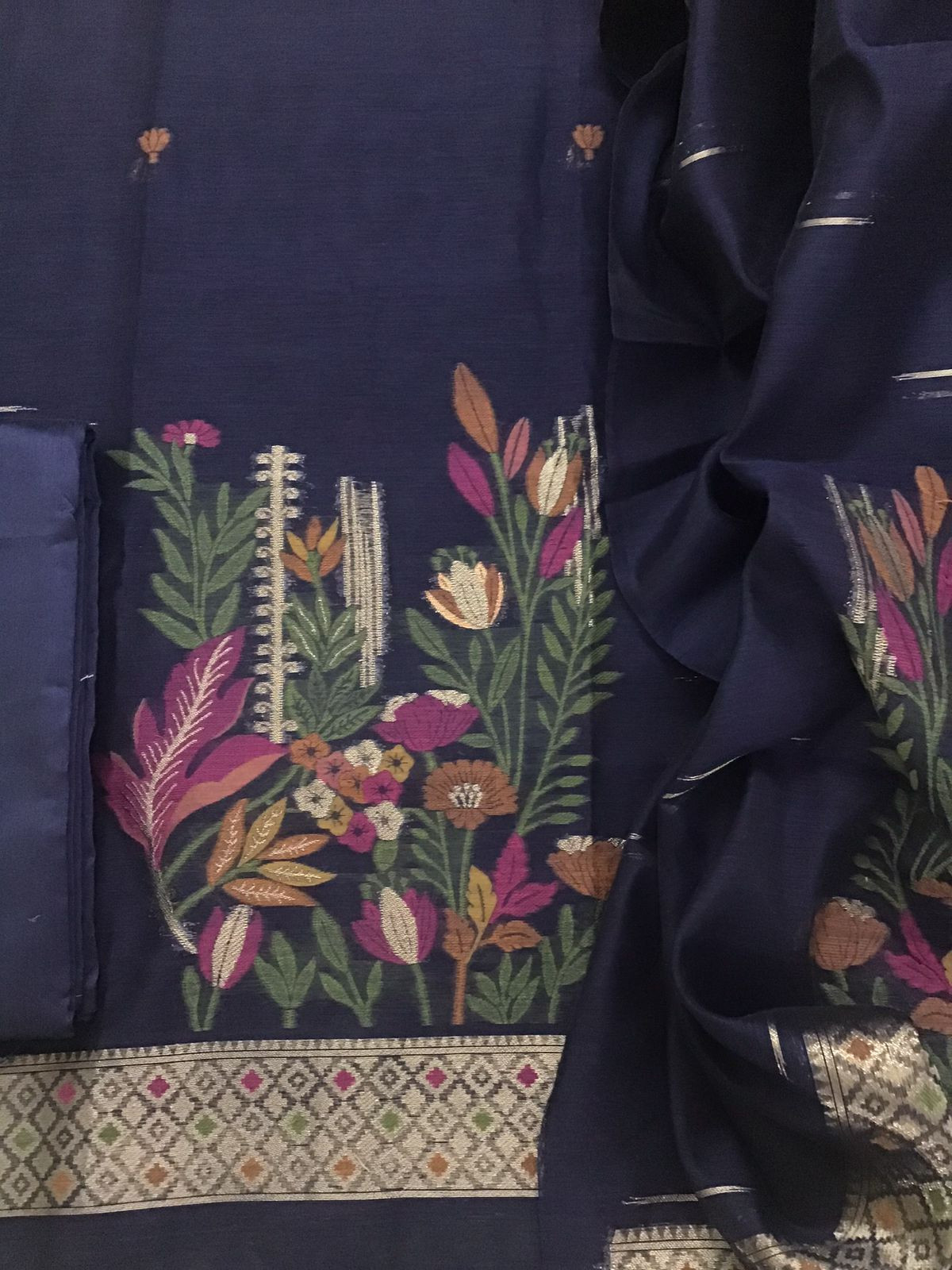 Soft Slub Chanderi Jamdani Weaved Suit - Blue