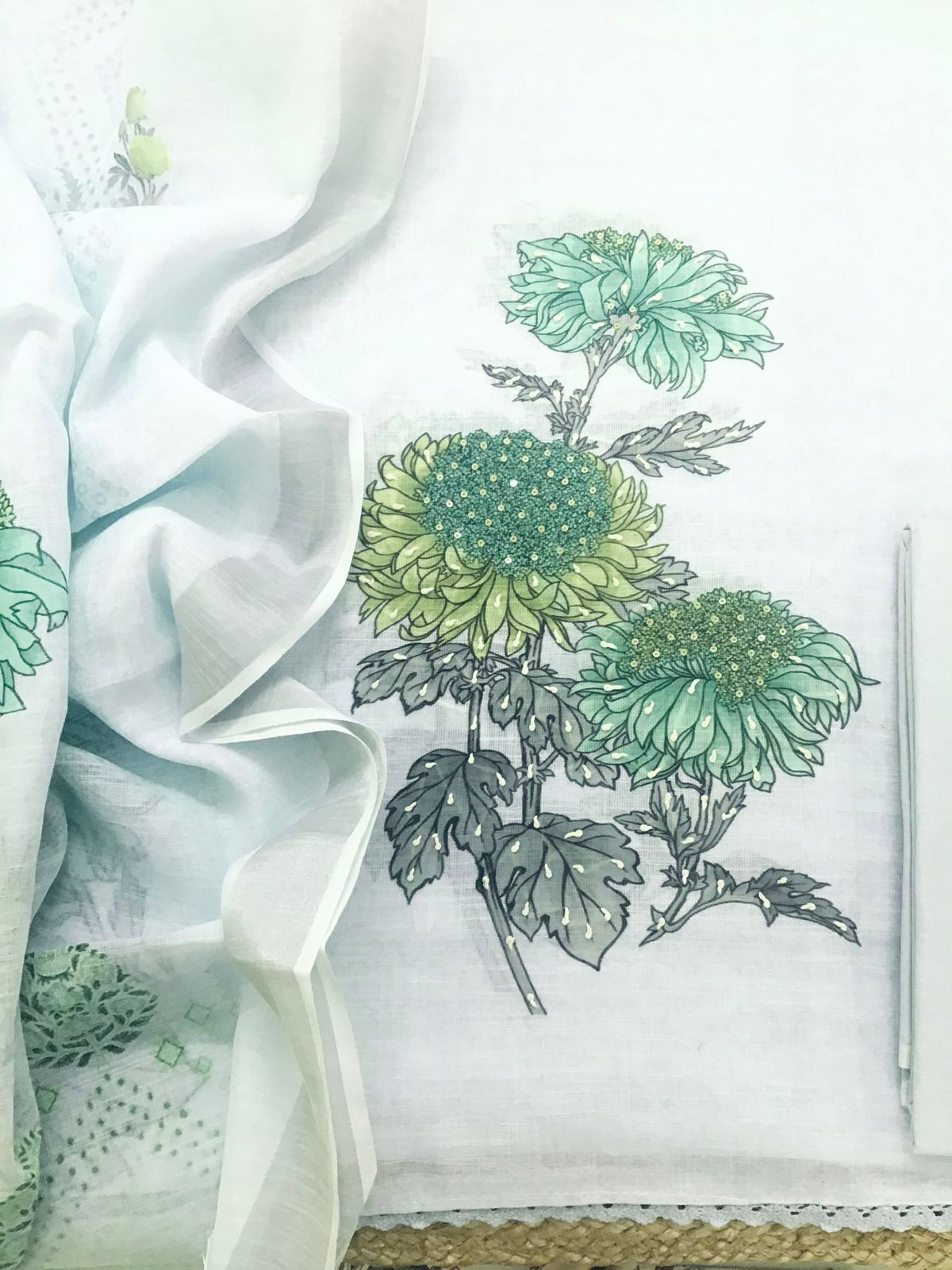 Soft Semi Linen Jute Cotton Printed Embroidered Suit - Blue