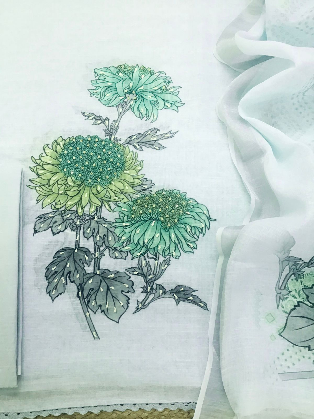 Soft Semi Linen Jute Cotton Printed Embroidered Suit - Blue