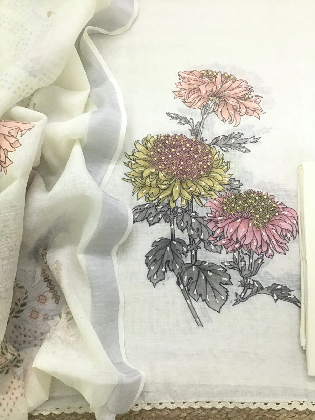 Soft Semi Linen Jute Cotton Printed Embroidered Suit - Light Yellow