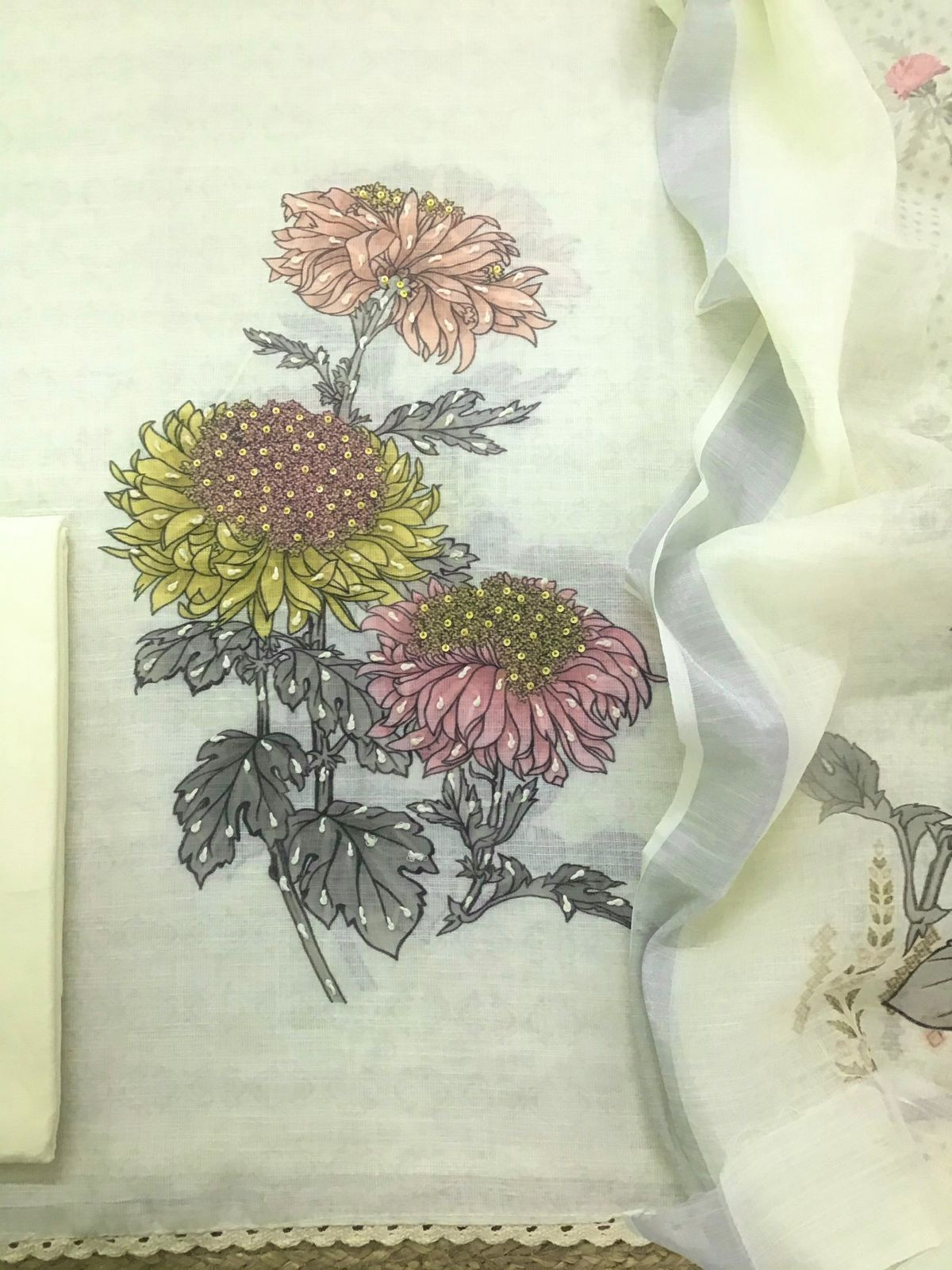 Soft Semi Linen Jute Cotton Printed Embroidered Suit - Light Yellow