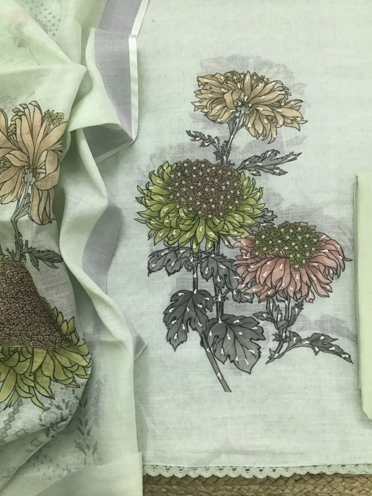 Soft Semi Linen Jute Cotton Printed Embroidered Suit - Green