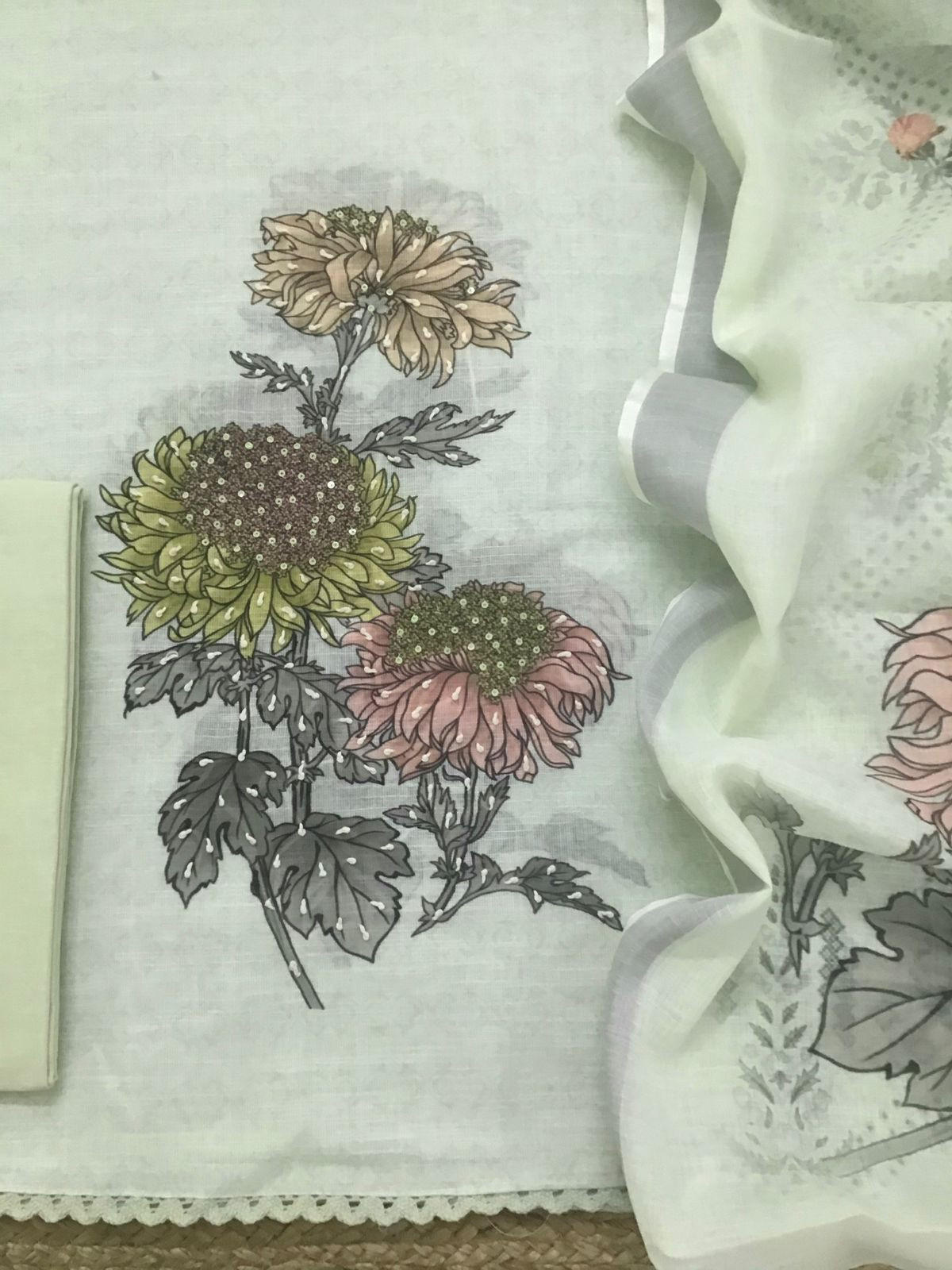 Soft Semi Linen Jute Cotton Printed Embroidered Suit - Green