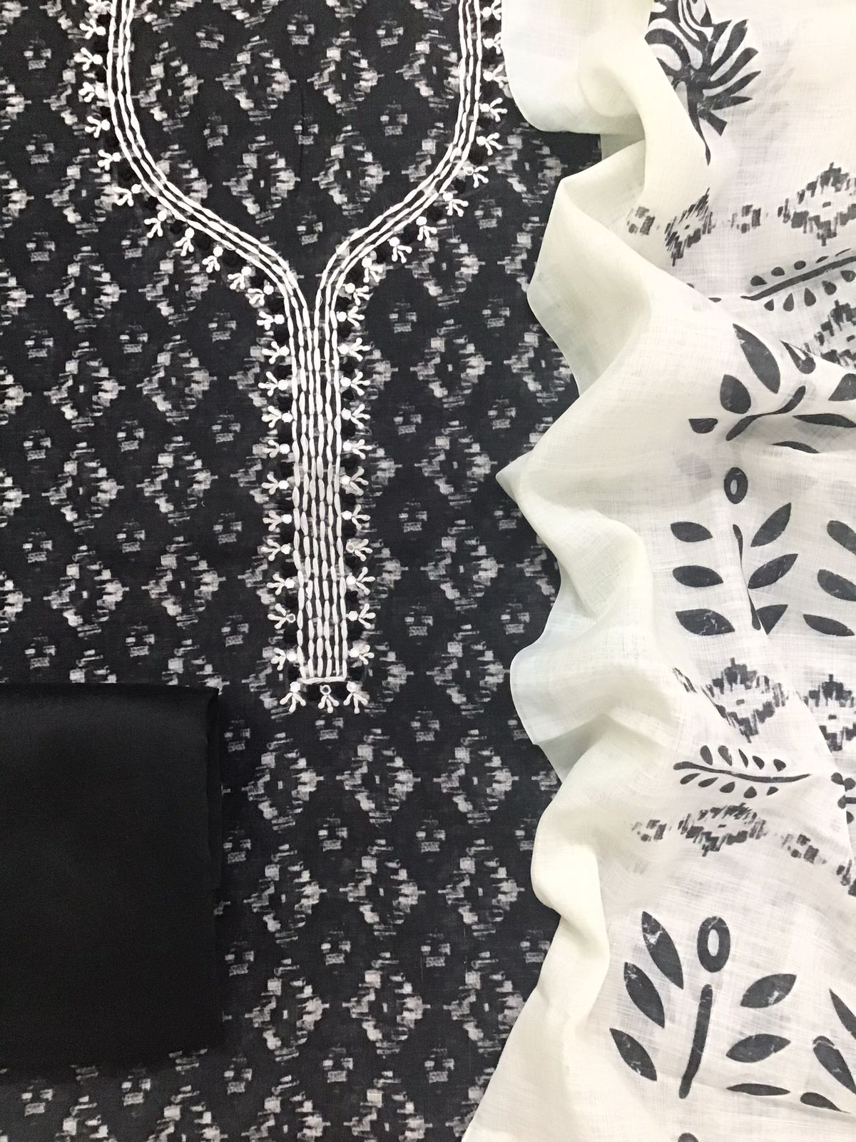 Soft Semi Linen Jute Cotton Printed Embroidered Suit - Black