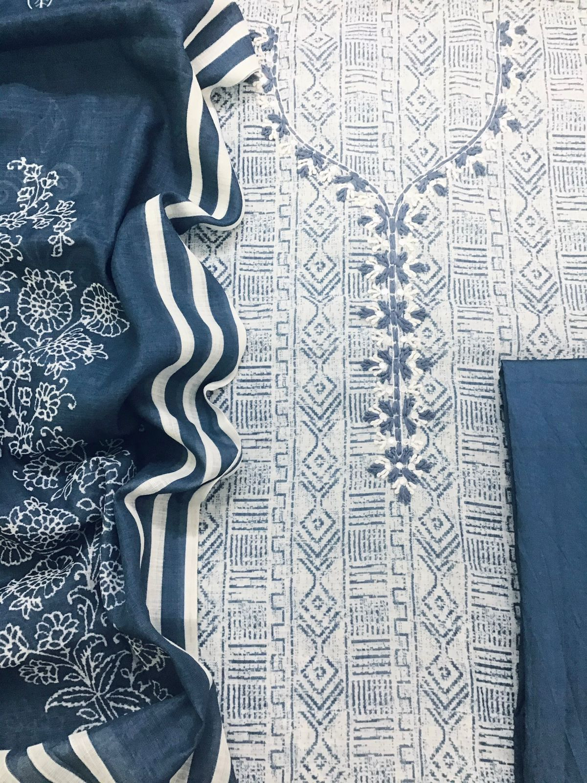 Soft Semi Linen Jute Cotton Printed Embroidered Suit - Blue