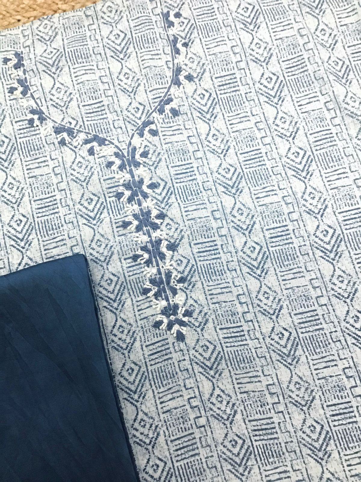 Soft Semi Linen Jute Cotton Printed Embroidered Suit - Blue