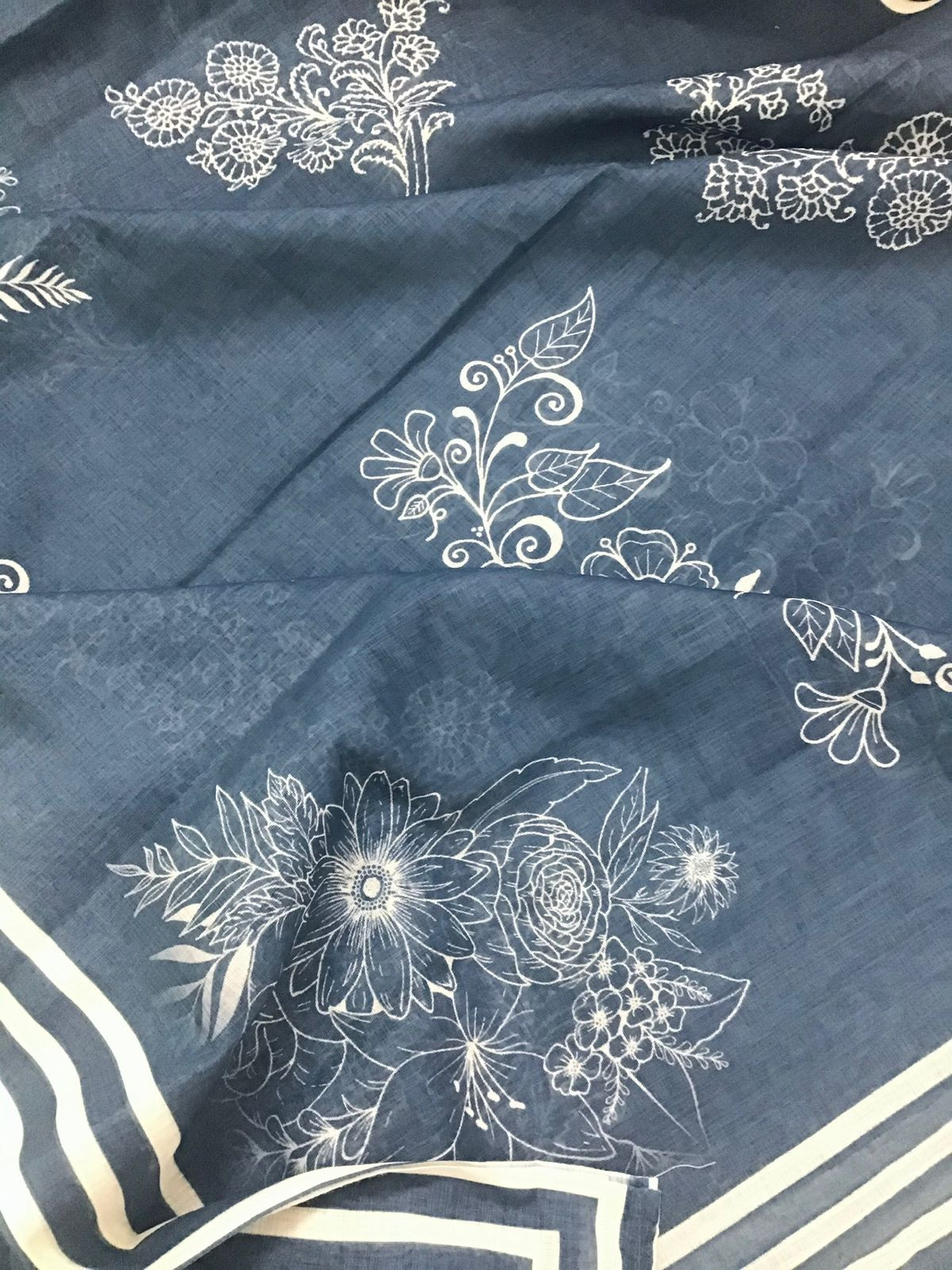 Soft Semi Linen Jute Cotton Printed Embroidered Suit - Blue