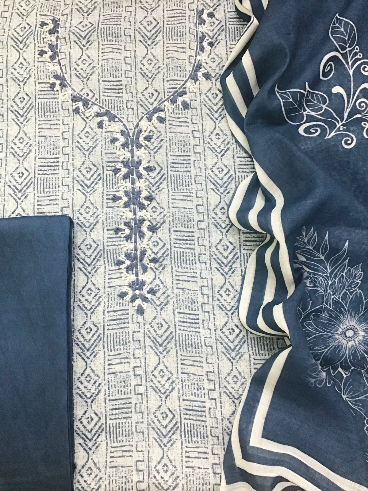 Soft Semi Linen Jute Cotton Printed Embroidered Suit - Blue