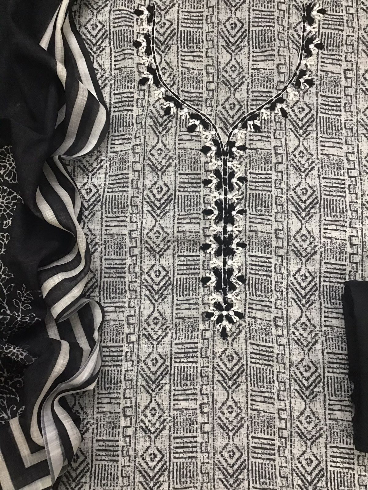 Soft Semi Linen Jute Cotton Printed Embroidered Suit - Black