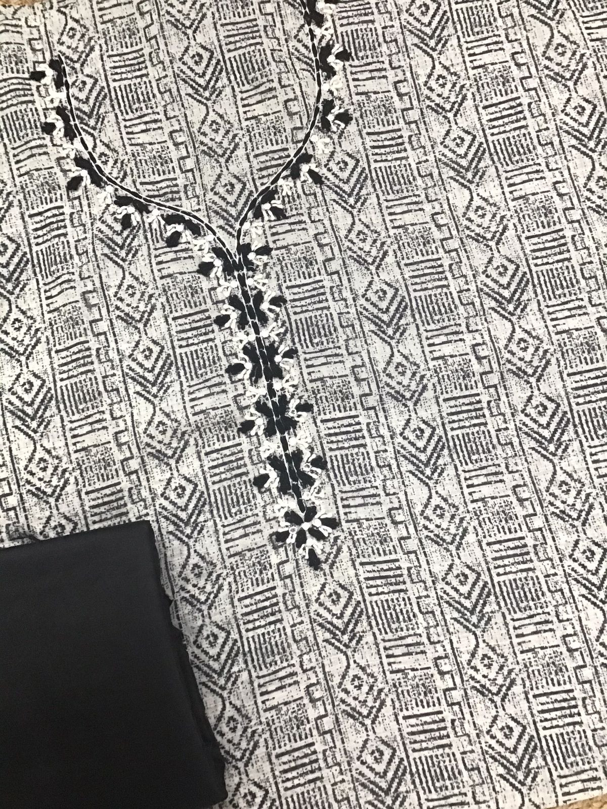 Soft Semi Linen Jute Cotton Printed Embroidered Suit - Black