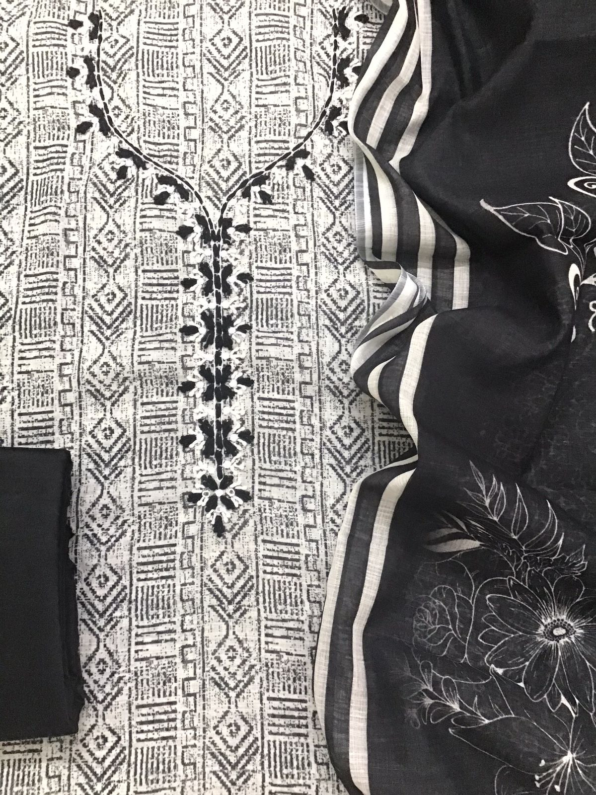 Soft Semi Linen Jute Cotton Printed Embroidered Suit - Black
