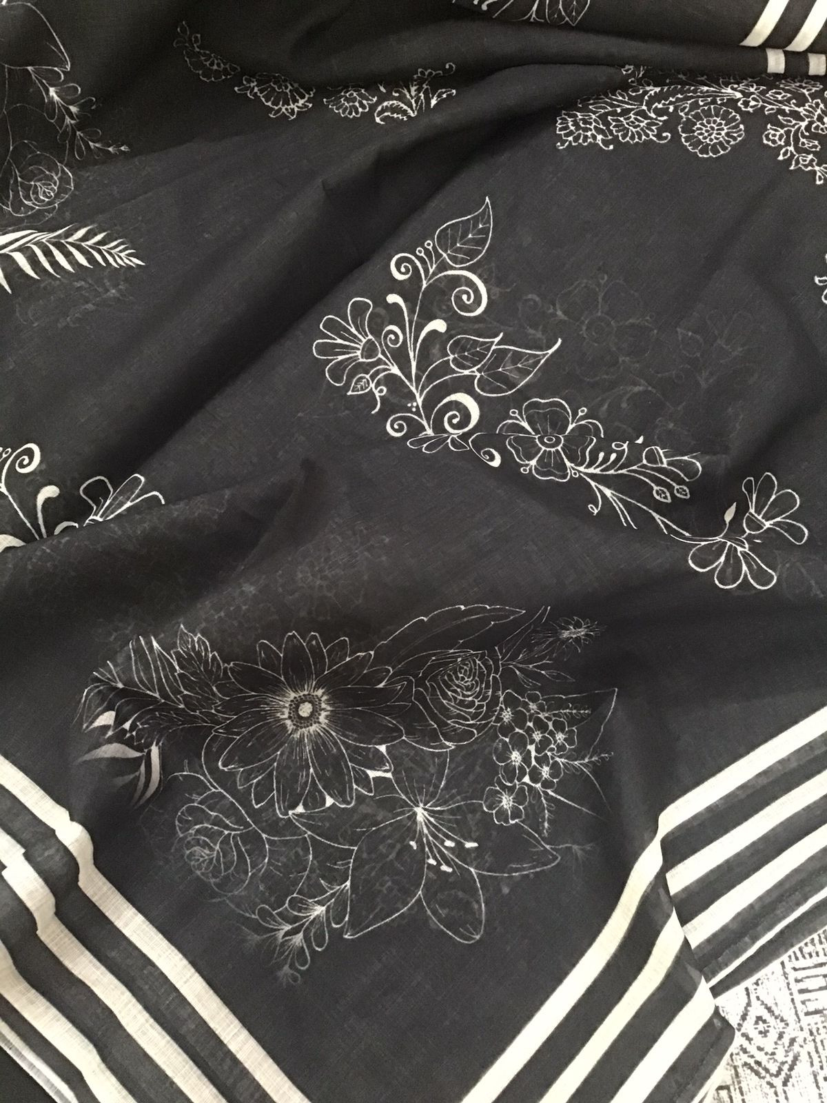 Soft Semi Linen Jute Cotton Printed Embroidered Suit - Black