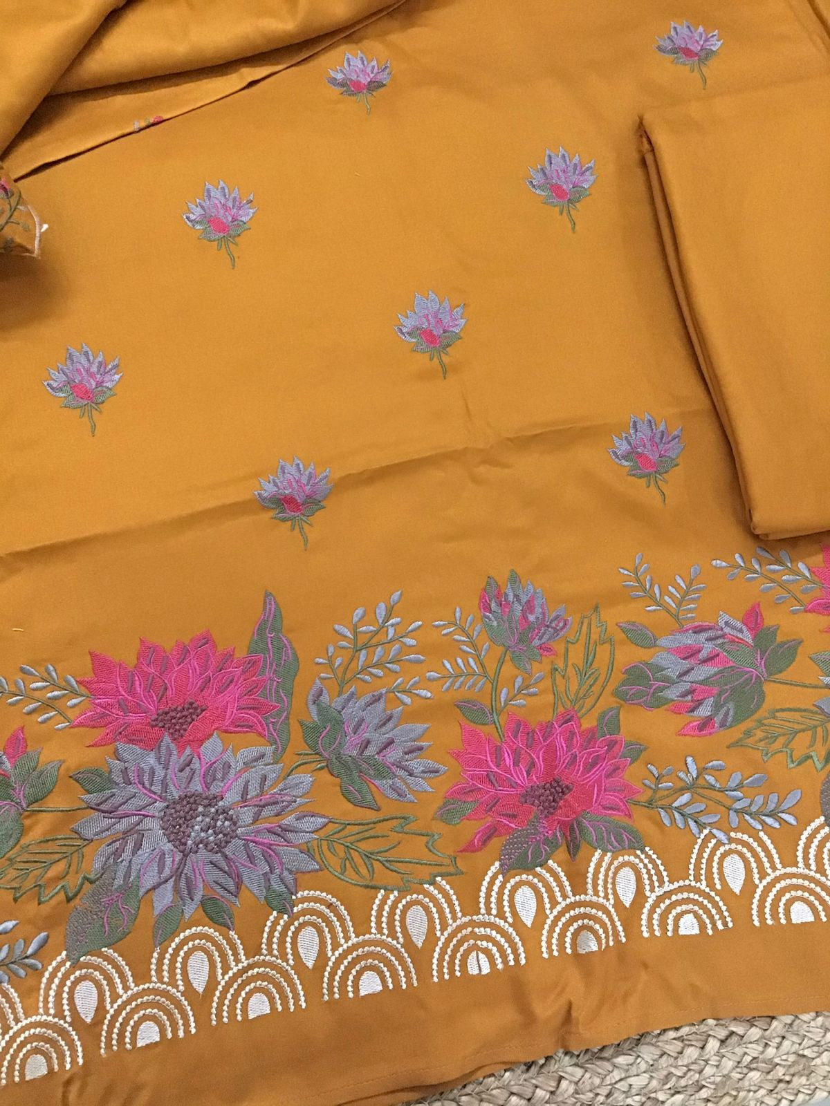 Soft Woollen Slub Silk Embroidered Suit - Orangish Yellow