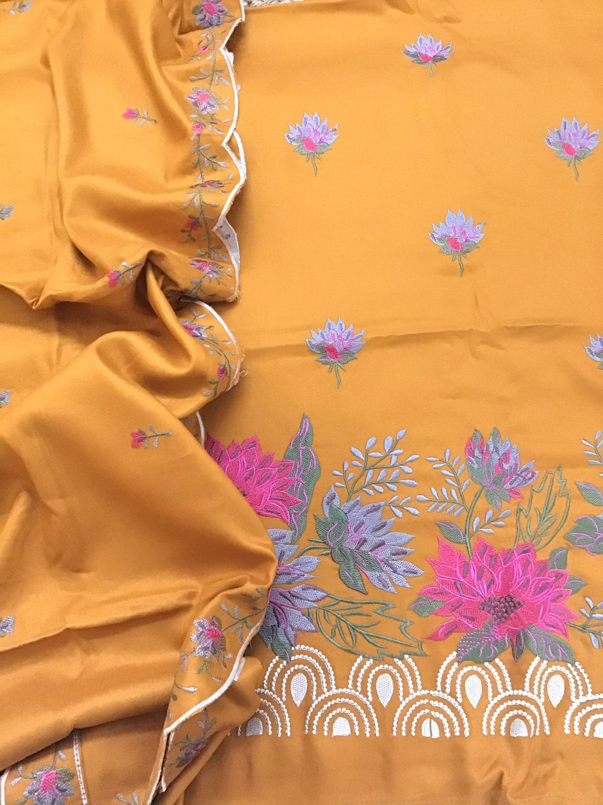 Soft Woollen Slub Silk Embroidered Suit - Orangish Yellow