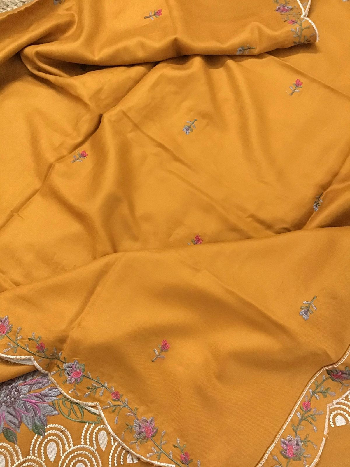 Soft Woollen Slub Silk Embroidered Suit - Orangish Yellow