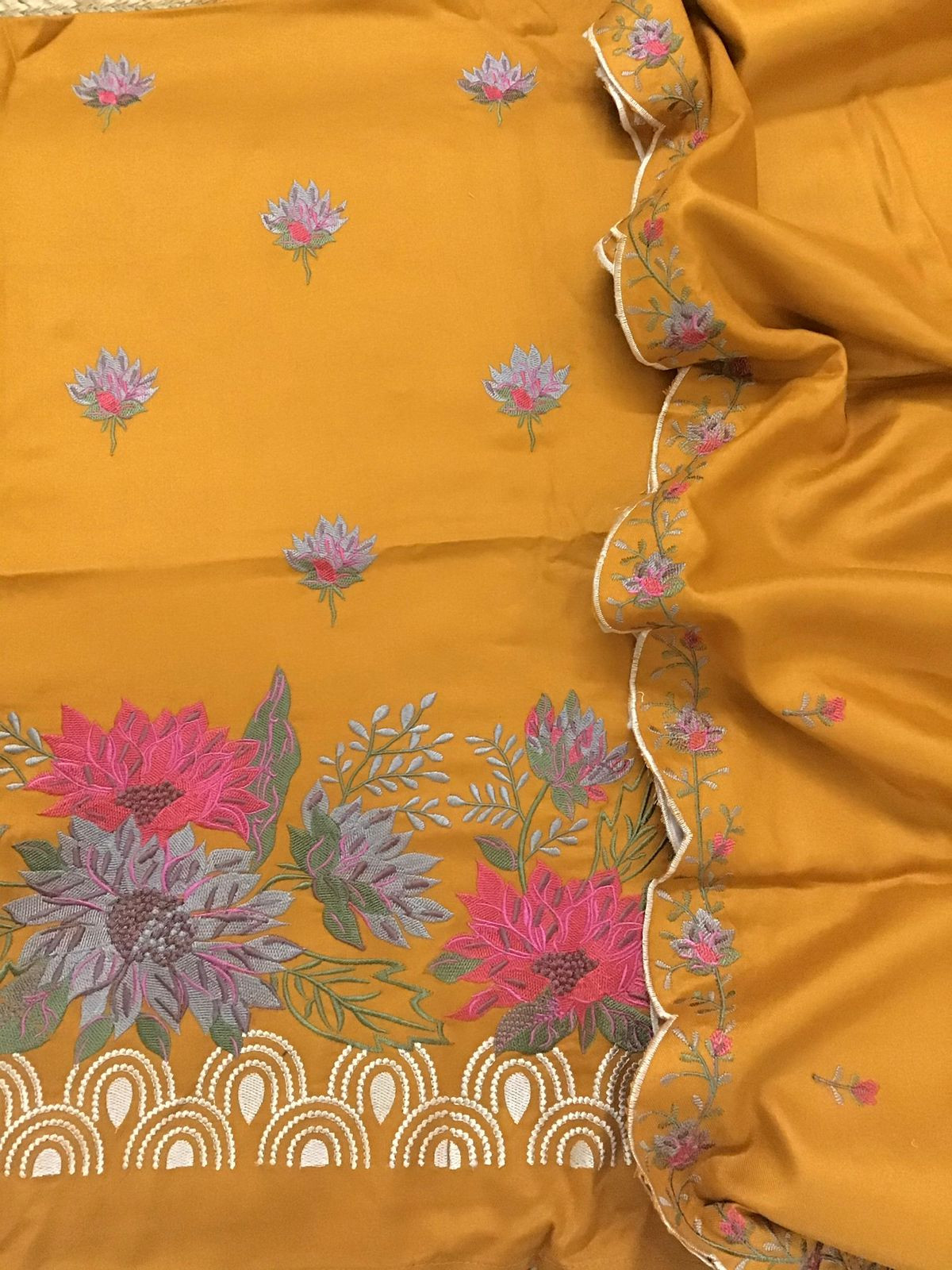 Soft Woollen Slub Silk Embroidered Suit - Orangish Yellow