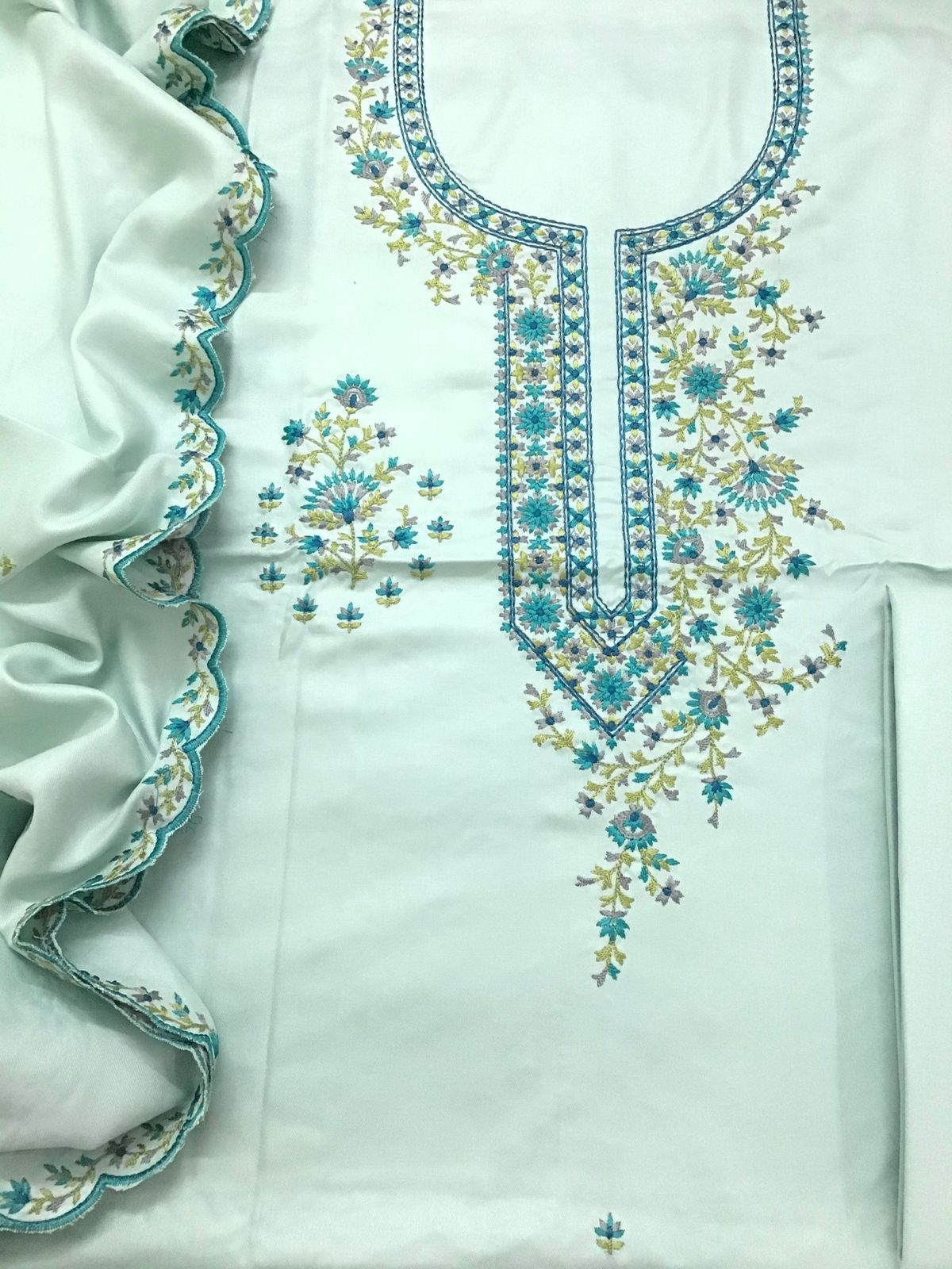 Soft Woollen Slub Silk Embroidered Suit - Blue
