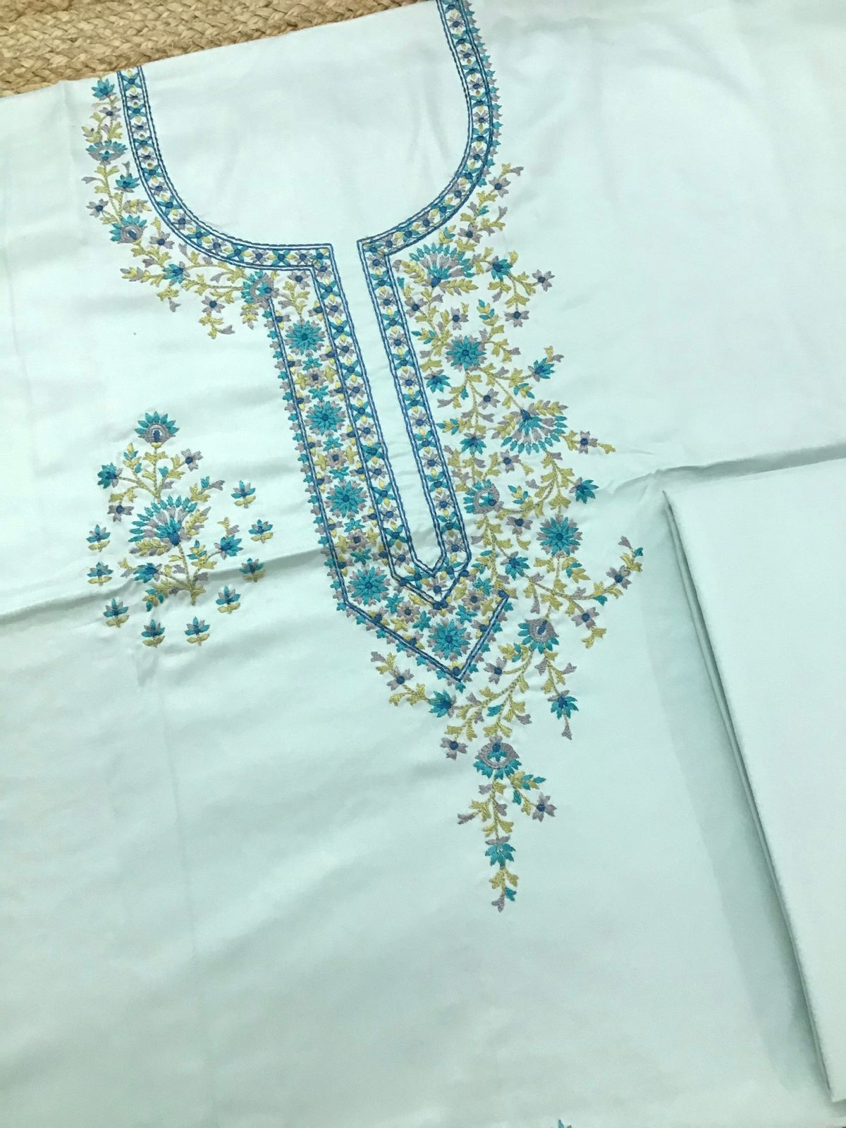 Soft Woollen Slub Silk Embroidered Suit - Blue