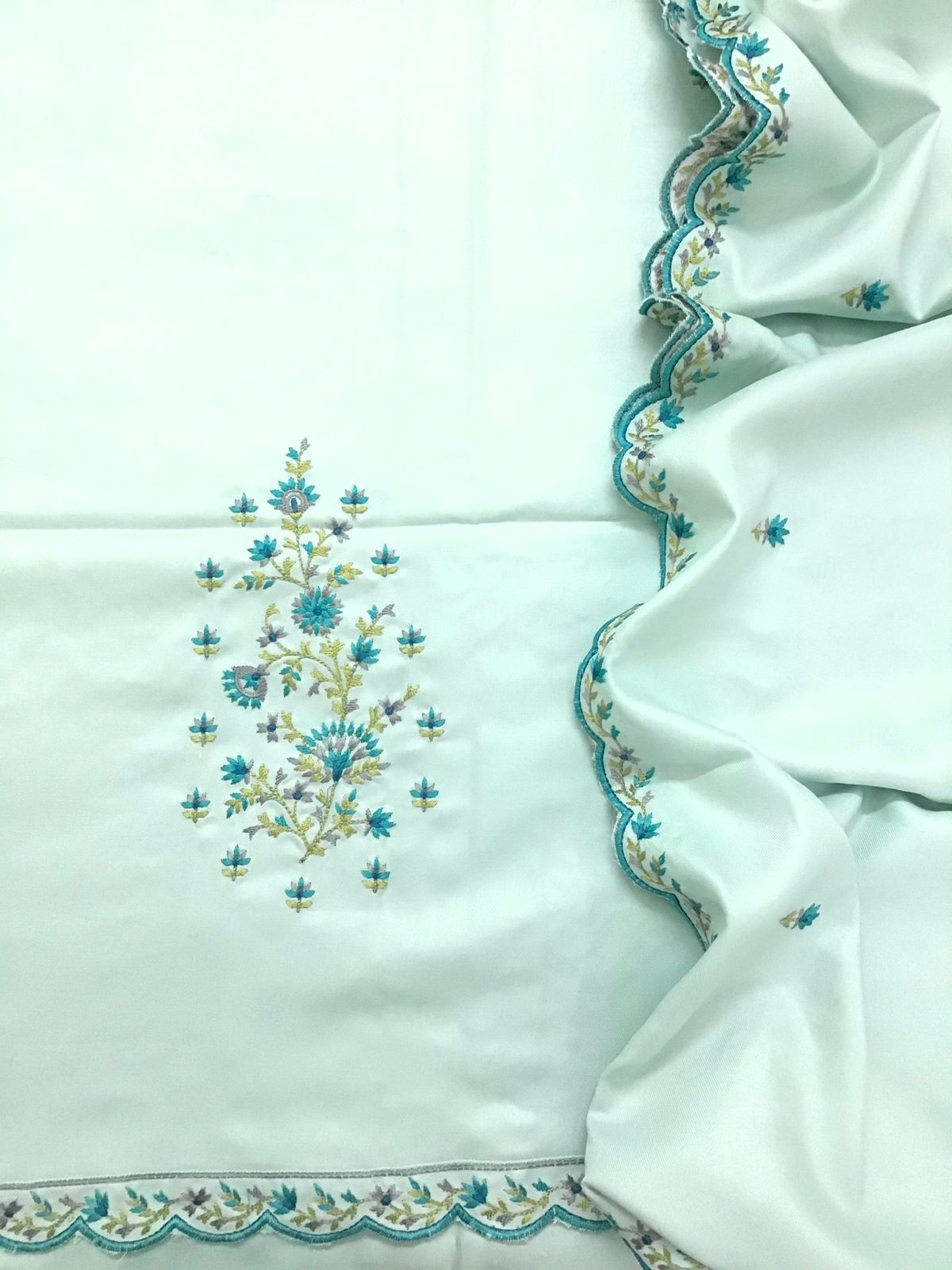 Soft Woollen Slub Silk Embroidered Suit - Blue