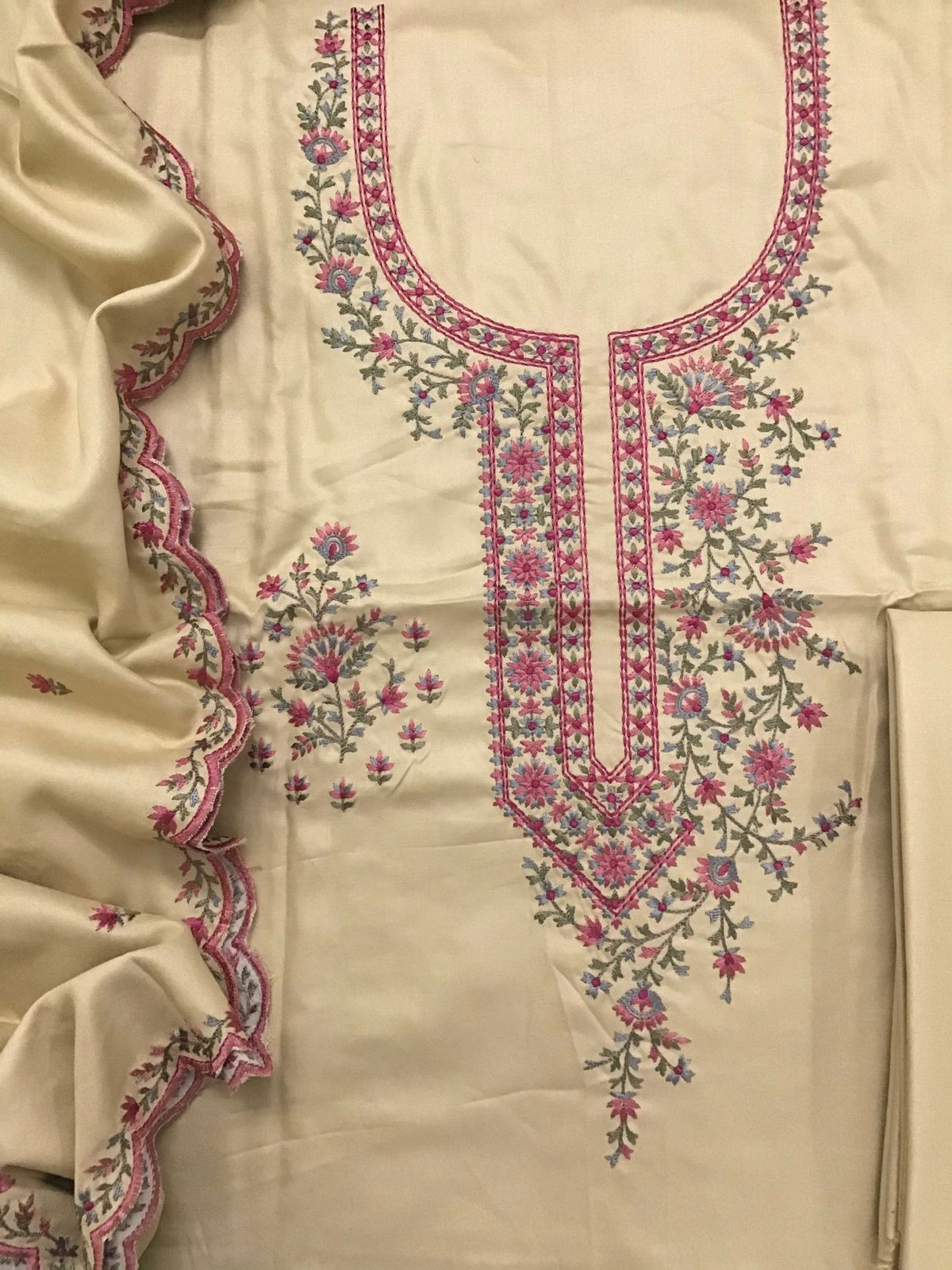 Soft Woollen Slub Silk Embroidered Suit - Beige