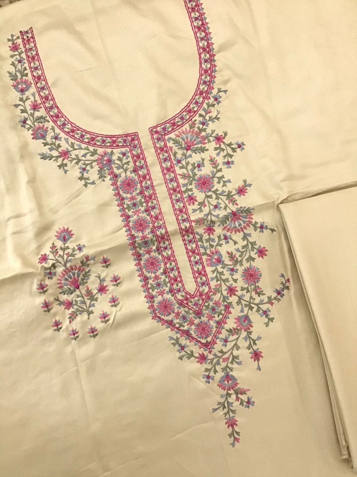 Soft Woollen Slub Silk Embroidered Suit - Beige