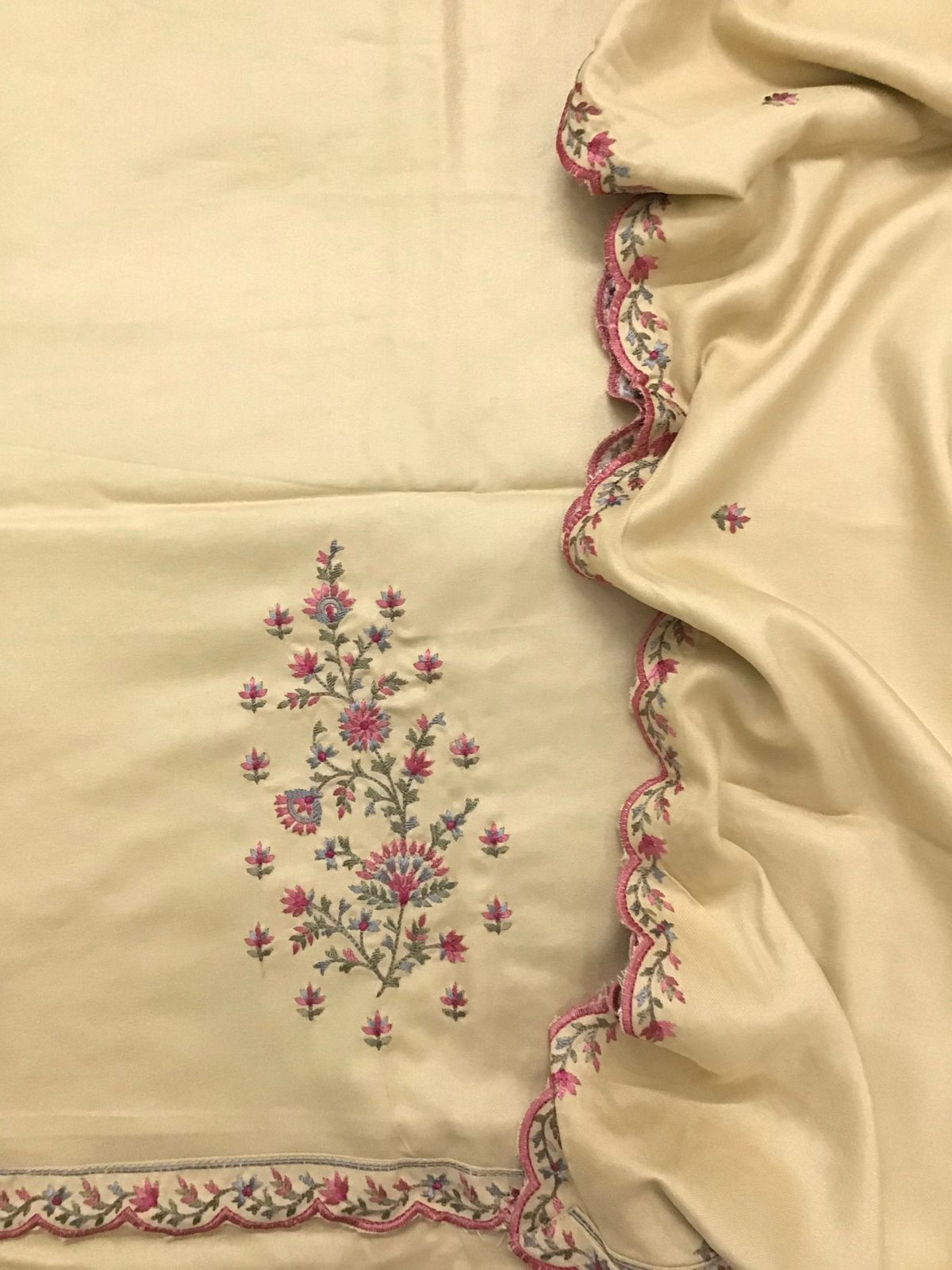 Soft Woollen Slub Silk Embroidered Suit - Beige