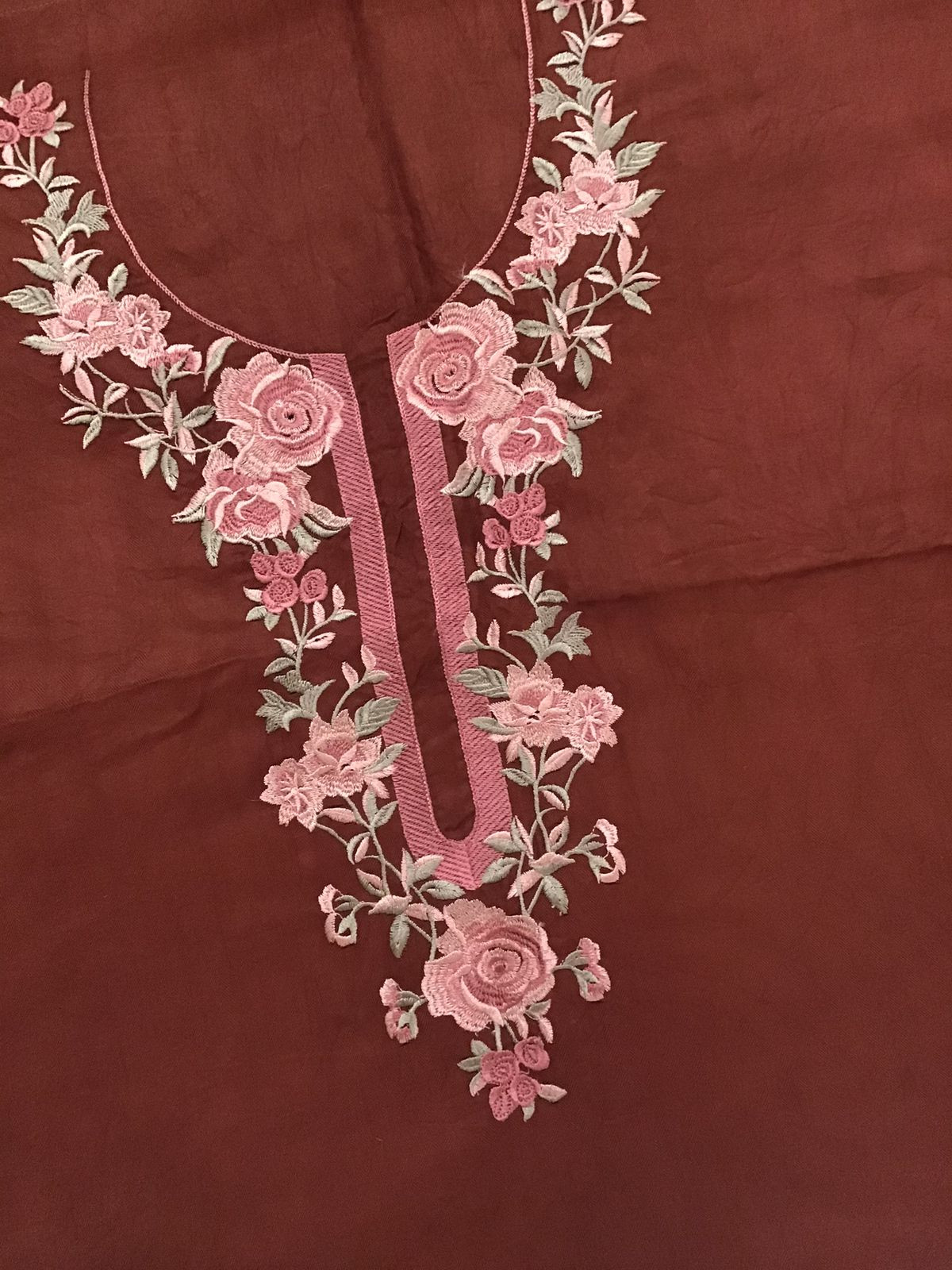 Soft Woollen Slub Silk Printed Embroidered Suit - Dark Brick Red