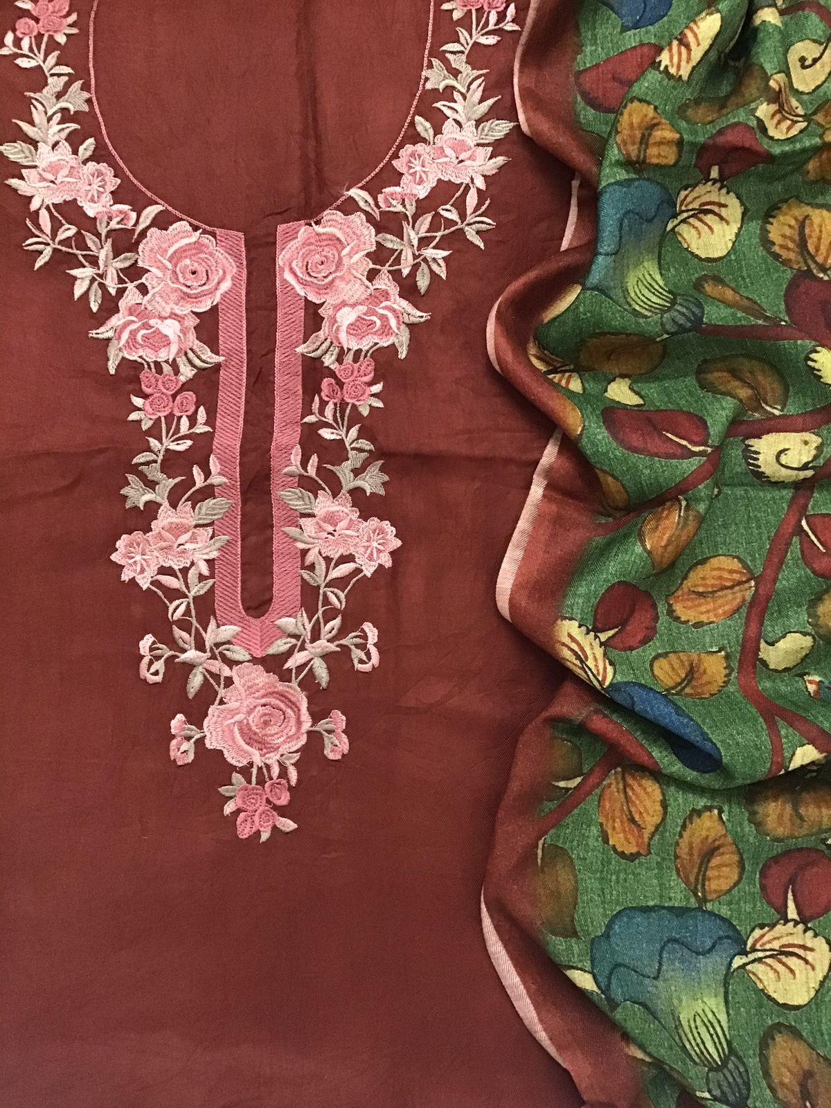 Soft Woollen Slub Silk Printed Embroidered Suit - Dark Brick Red