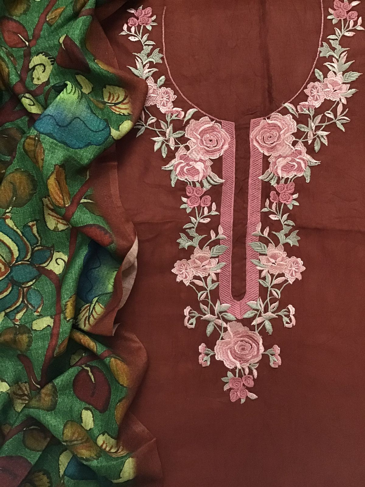 Soft Woollen Slub Silk Printed Embroidered Suit - Dark Brick Red