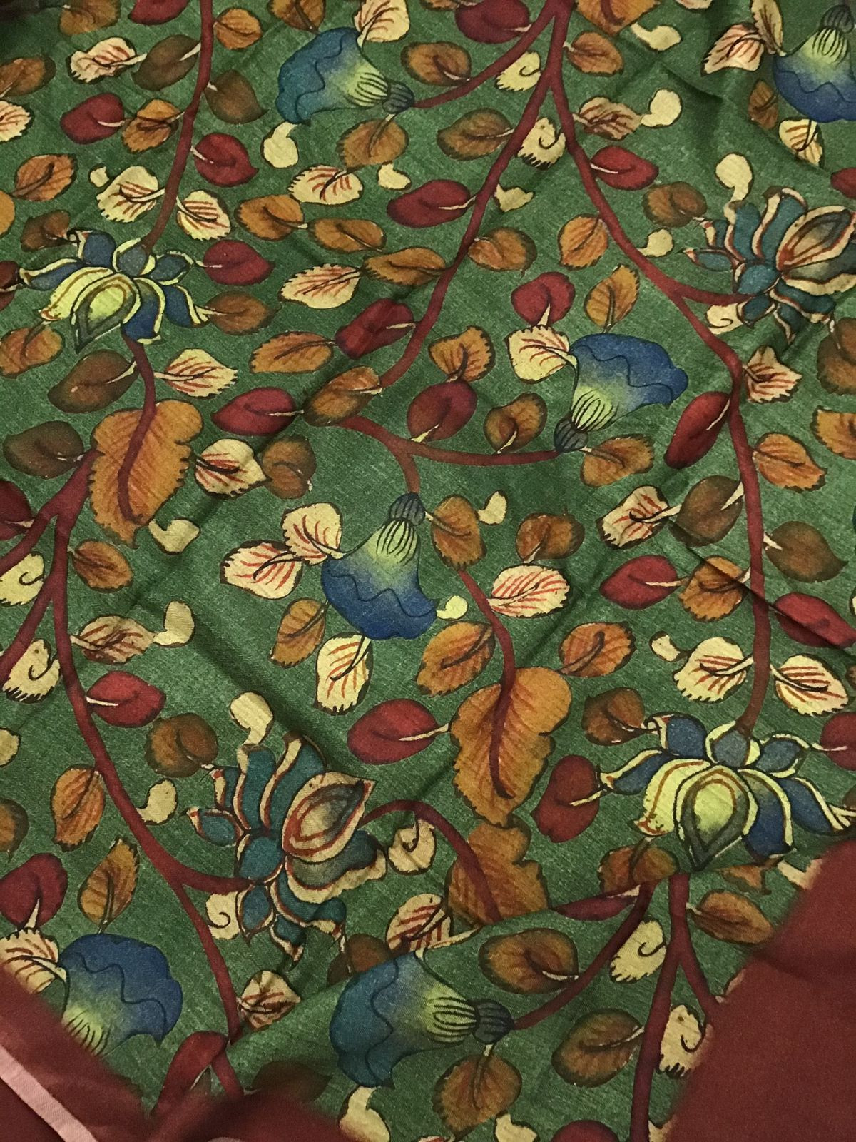 Soft Woollen Slub Silk Printed Embroidered Suit - Dark Brick Red